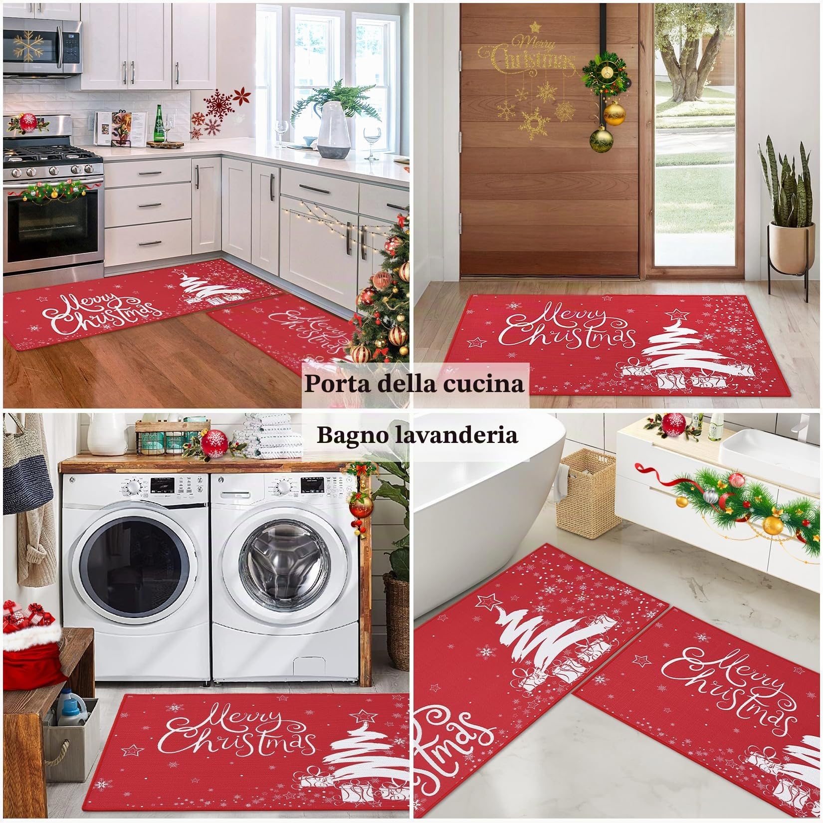 CAROMIO Set di 2 tappetini da cucina natalizi, tappeti e tappetini da cucina in lino per albero di Natale per pavimento bagno, decorazioni natalizie per la casa, 40 x 60 cm + 40 x 120 cm