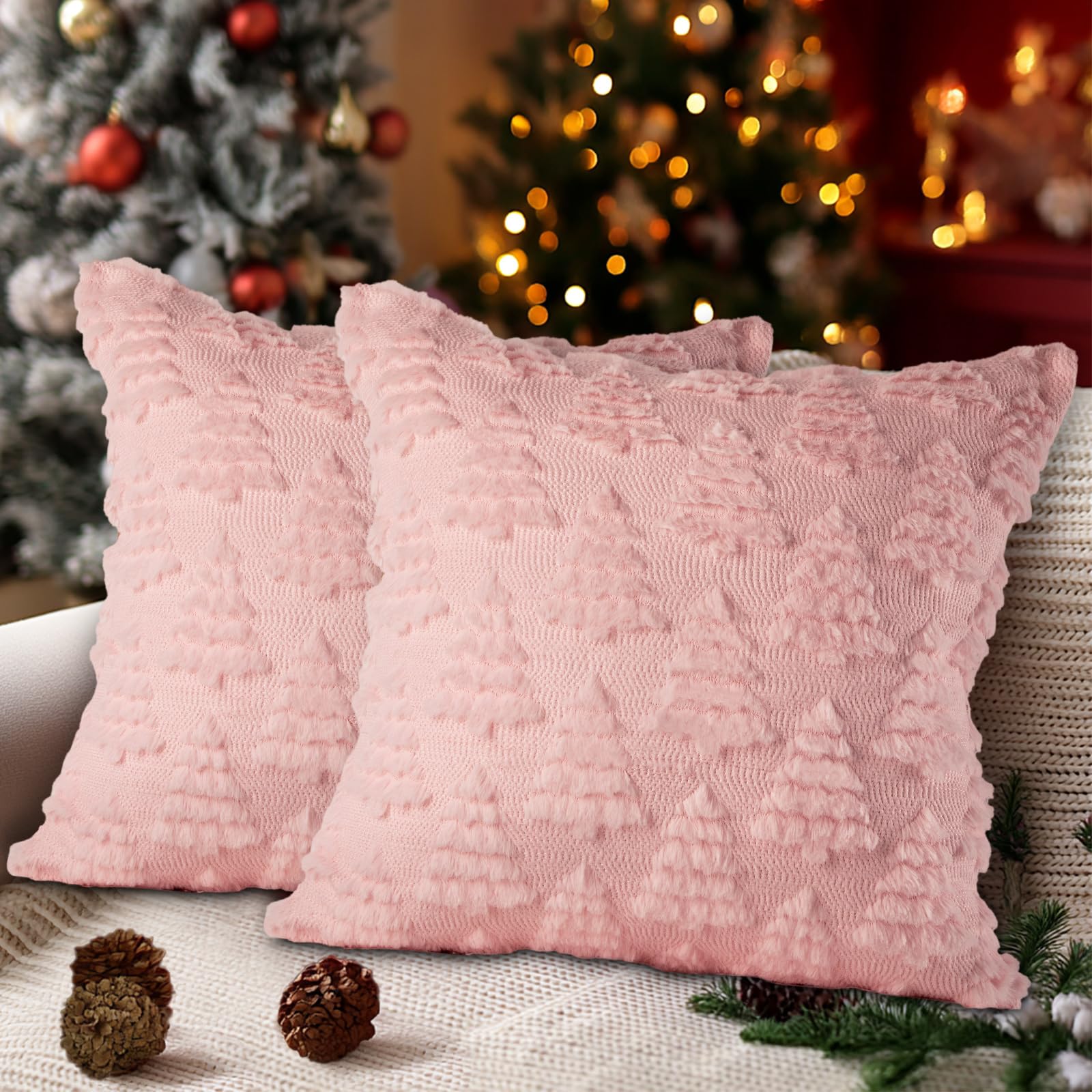 2 Fodere Cuscini Natalizie 45x45 Cm – Peluche Morbido Con Albero Di Natale 3D, Ideali Per Divano E Decorazioni Invernali