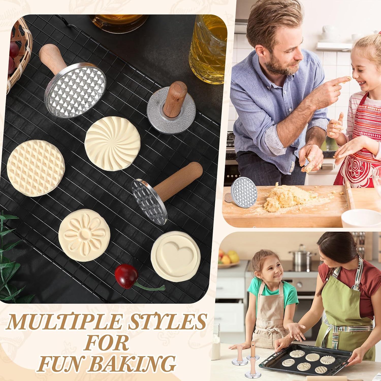 Tioncy 6 Pcs Cookie Stamps for Baking Metal Press with Wooden Handle Cookie Maker Decorating Supplies for Christmas thanksgiving DIY Baking Cake Pastry