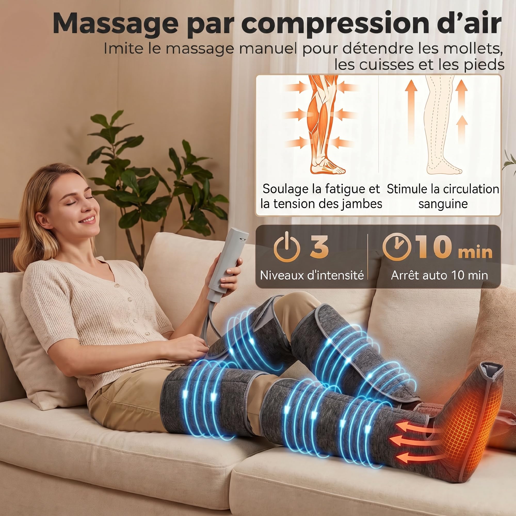 HOMCOM Masseur de jambes, masseur de compression pour les mollets, les genoux, les pieds avec chaleur, 3 modes automatiques, 3 intensités, soulage circulation/douleur, cadeau hommes/femmes