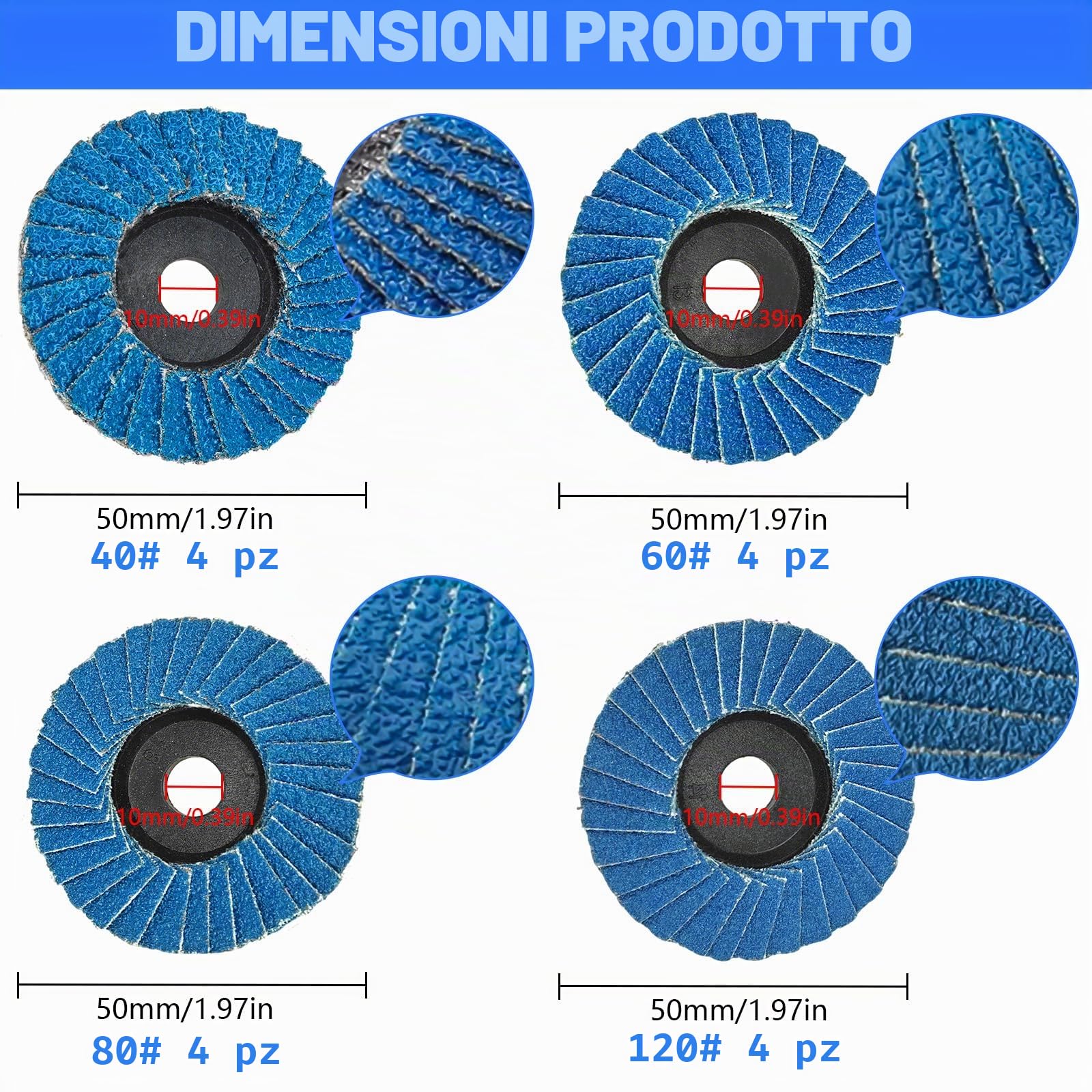 16 Pezzi Dischi Lamellari, 50mm x 10mm Disco Lamellare, Grana 40/60/80/120, Dischi Lamellari 50mm per Metallo, Acciaio, Legno