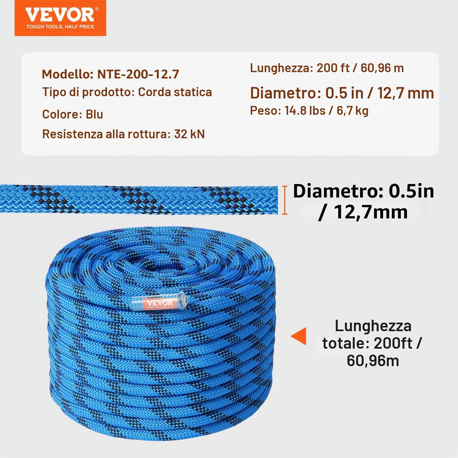 VEVOR Corda Statica da Arrampicata 12,7 mm, Corda da Arrampicata all'Aperto 60,9 m, Tensione alla Rottura 30 Kn, Cordo in Fibra con Moschettone in Acciaio per Fuga, Discesa in Cordo Doppia Blu