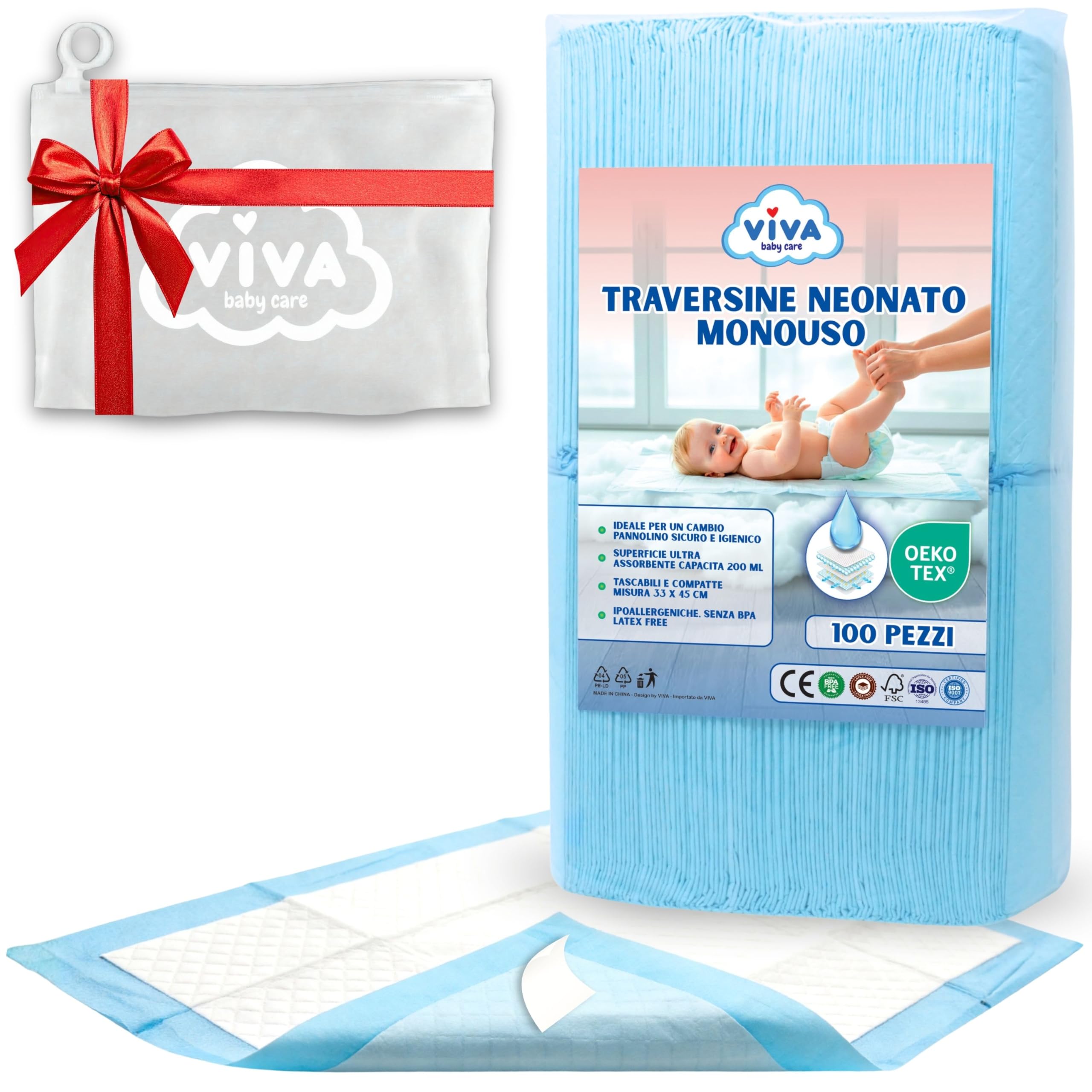 Traversine Neonato Monouso 100 Pezzi 45x33cm con Borsa PVC Inclusa, Impermeabili e Assorbenti, OEKO-TEX® per Cambio Pannolino Lettino e Fuori Casa, Traversine Neonato Fasciatoio