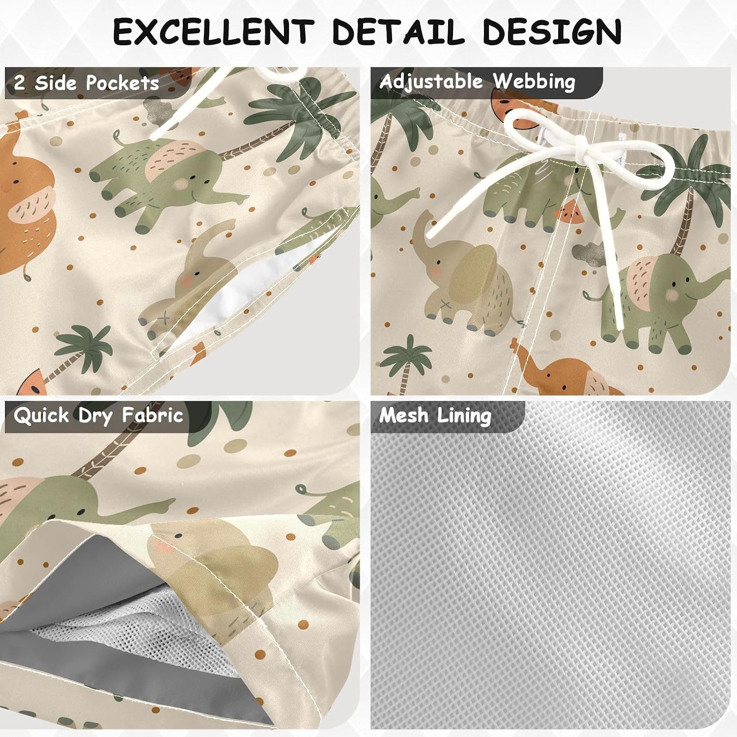visesunny Elephant Coconut Tree Boys Swim Trunks Quick Dry Drawsting Boy's Beach Shorts Boy Bathing Suit with Pockets
