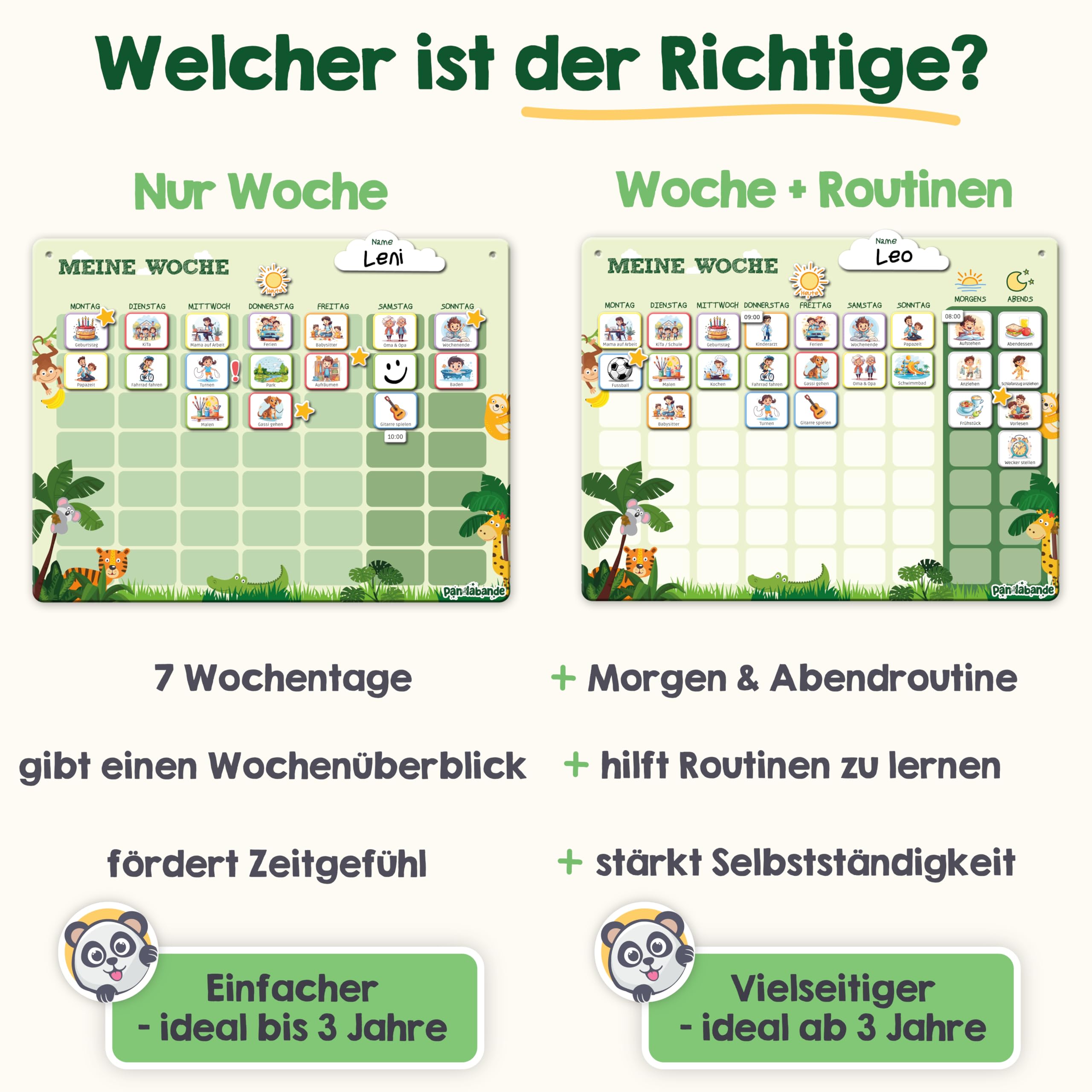PANDABANDE 2-in-1 Routine & Wochenplaner Kinder mit 200 Magneten & Sortierbox | Montessori Routine Planer Kinder für mehr Selbstständigkeit - Magnetischer Wochenplan mit Morgenroutine & Abendroutine