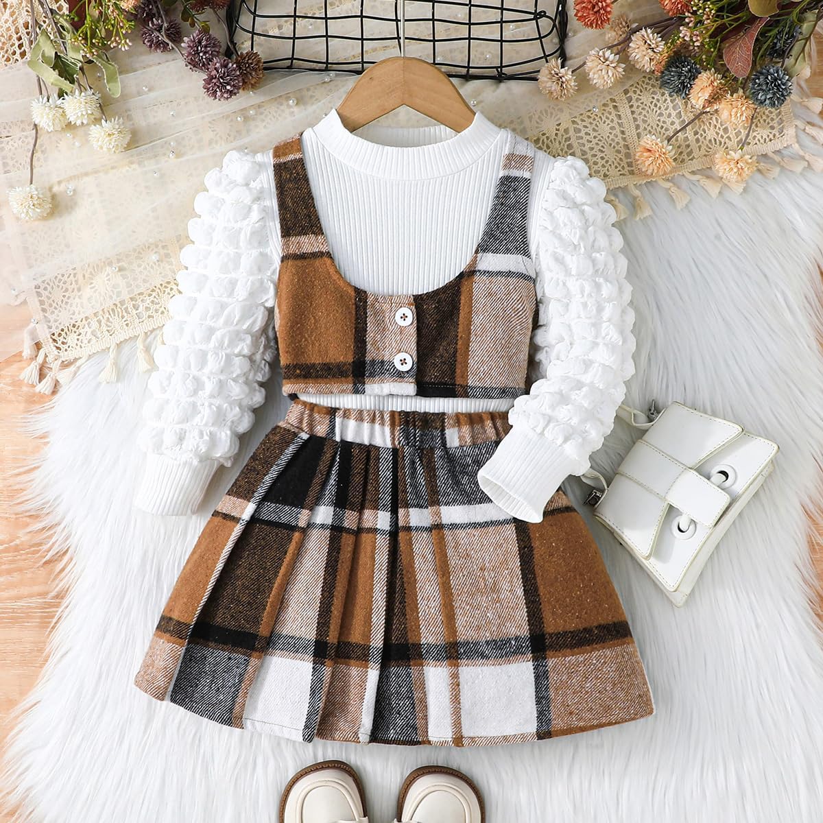 Toddler Girls Christmas Outfits Girls Puff Sleeve Knit Ribbed Tops Button Down Vest Plaid Skirt Set Winter Clothes Brown 2-3T