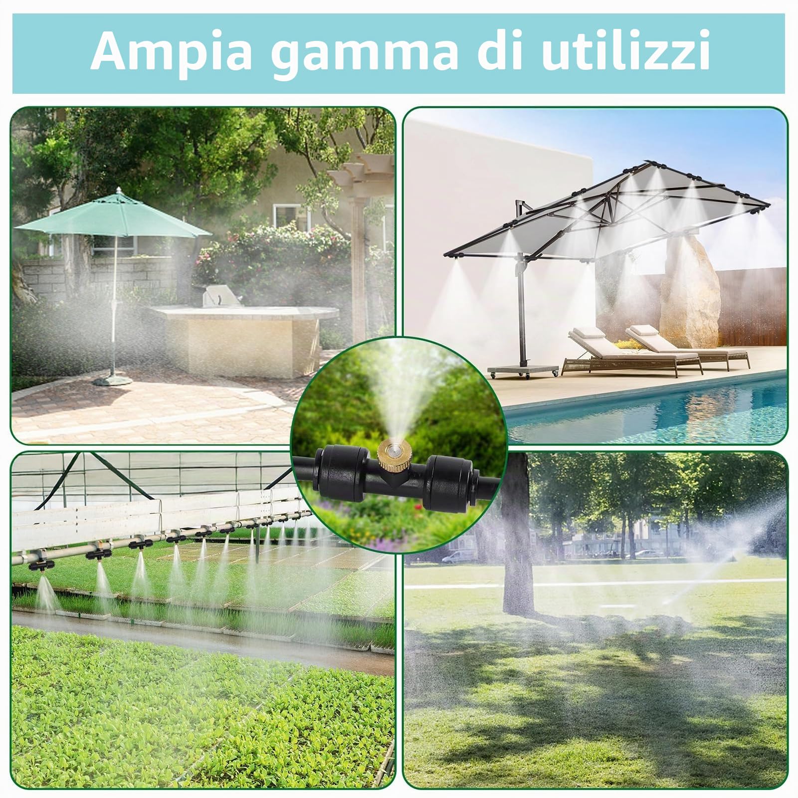 Tesmotor Set di raffreddamento a nebulizzazione da 18 m, sistema di miscelazione per esterni, con 20 ugelli in ottone e un filtro, per il raffreddamento della nebbia per ombrellone da giardino