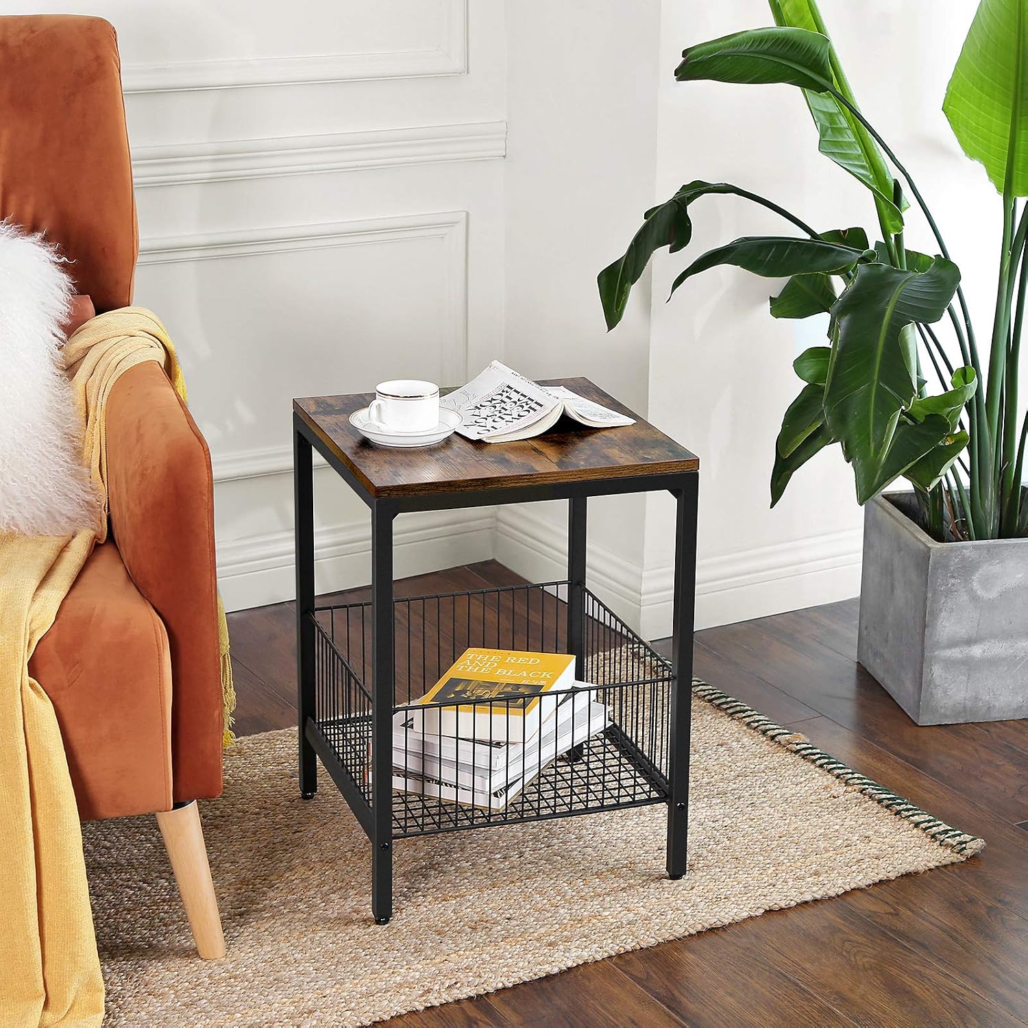 VASAGLE Sofa Side Table, End Table, Nightstand, with Wire Basket, Simple Structure, Stable, for Living Room, Industrial Style, Rustic Brown and Black ULET35BX