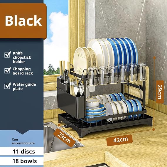 Dish Drying Rack, 2 Tier Dish Drying Rack Multifunctional Dish Rack, Rustproof Kitchen Dish Drying Rack with Drainboard, Utensil Holder, Cup Holder for Dishes for Kitchen Counter Black
