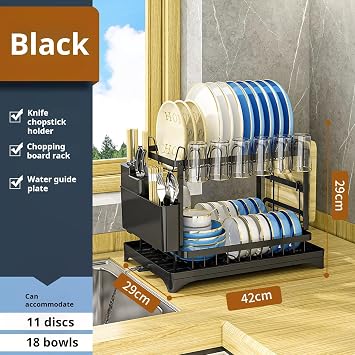 Dish Drying Rack, 2 Tier Dish Drying Rack Multifunctional Dish Rack, Rustproof Kitchen Dish Drying Rack with Drainboard, Utensil Holder, Cup Holder for Dishes for Kitchen Counter Black
