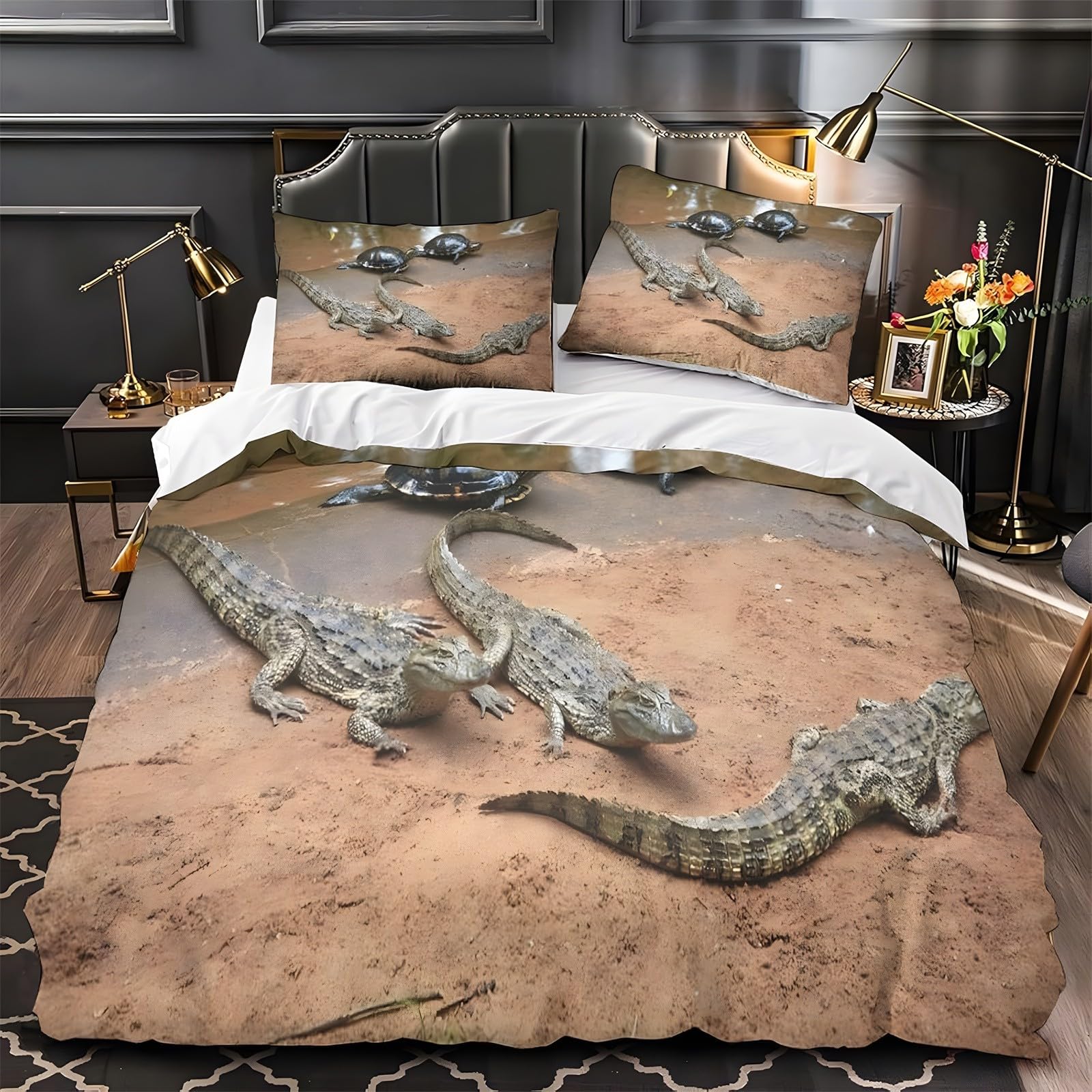 Ypthriline Super King Duvets Set Crocodile Bedding Set Microfiber Khaki Duvet Covers with Pillowcases Reversible Bedding With Zipper Closure 260x220CM
