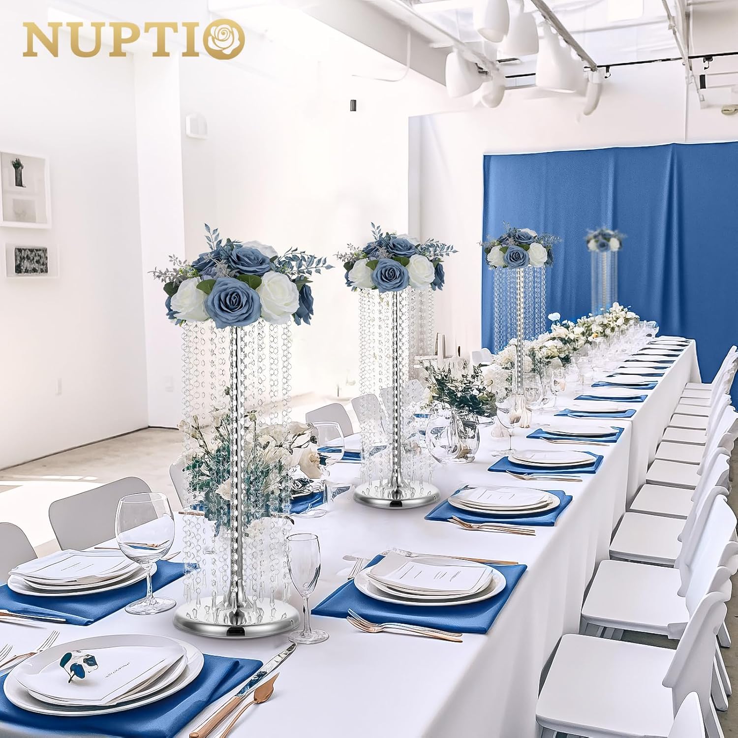 NUPTIO Flower Ball Centerpieces for Tables: Dusty Blue & White Artificial Rose Fake Floral Arrangement for Wedding Party Centerpiece Decorations 9.4 Inch Diameter 2 Pcs - Image 3
