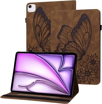 Tablet Case for iPad Air 13 inch M4 2026/M3 2025/M2 2024, Brown | Retro Butterfly Slim Folio Case, TPU+PU Protective Stand Cover
