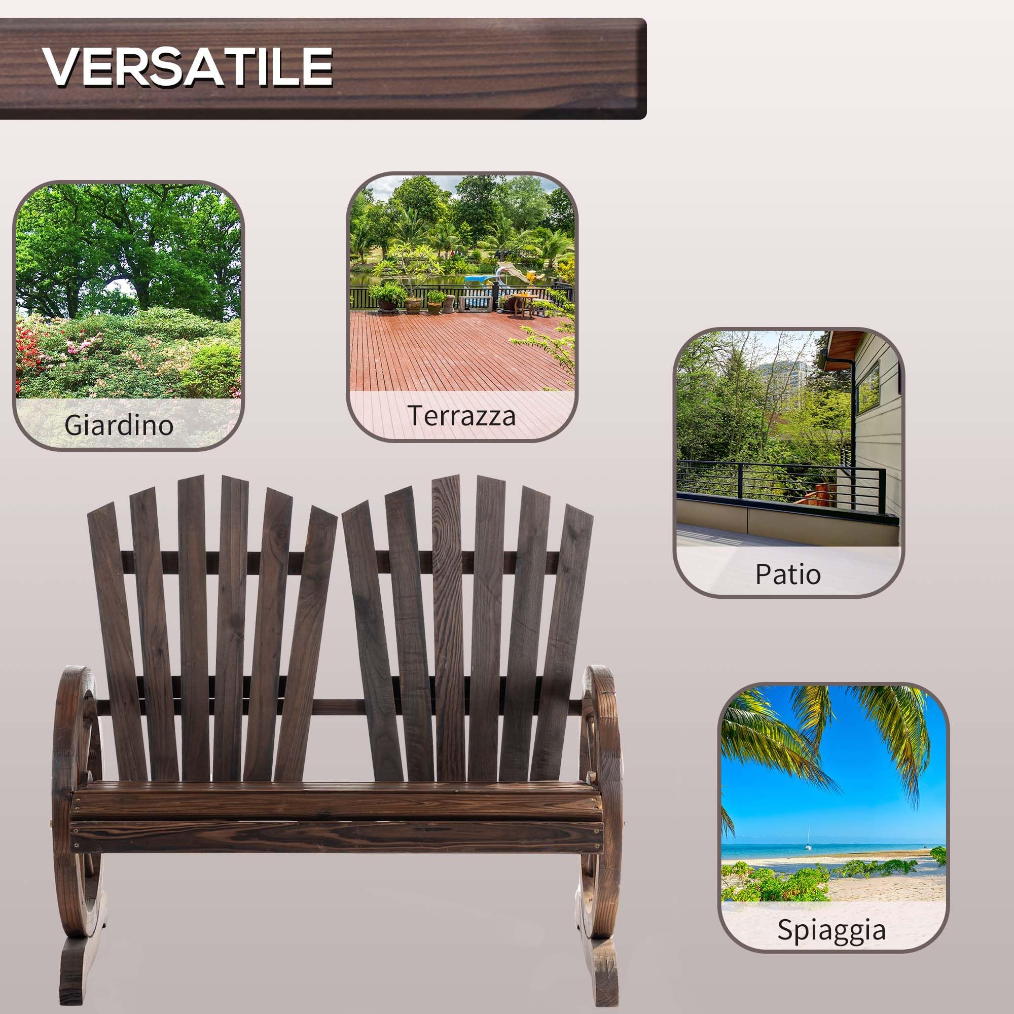 Outsunny Panchina da Giardino da 2 Posti con Braccioli a Forma di Ruota, Panchina da Esterno a Doghe in Legno di Abete, Panca per Terrazza Patio e Cortile, 108x66x95 cm, Carbonizzato