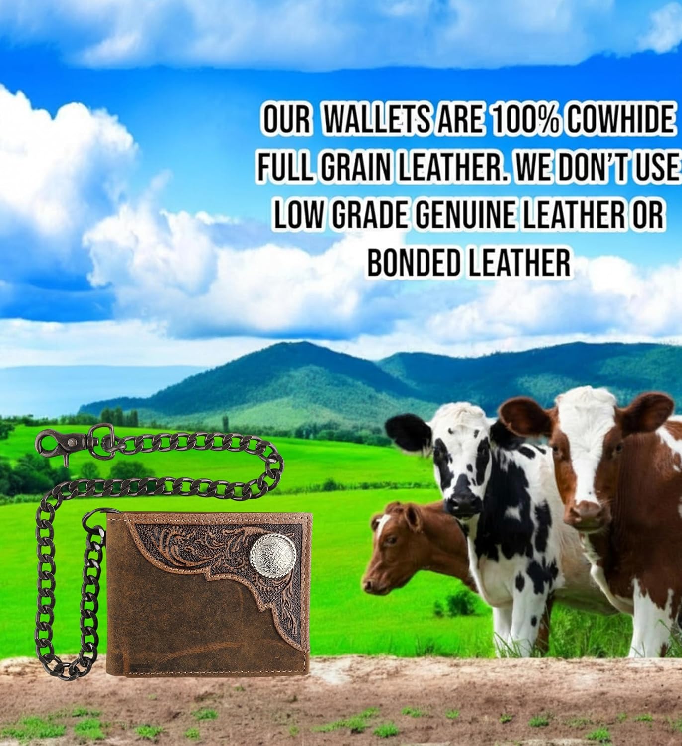F&L CLASSIC RFID Blocking Mens bi-fold Style Cowhide Leather Steel Chain Wallet, brown western style,texas 82