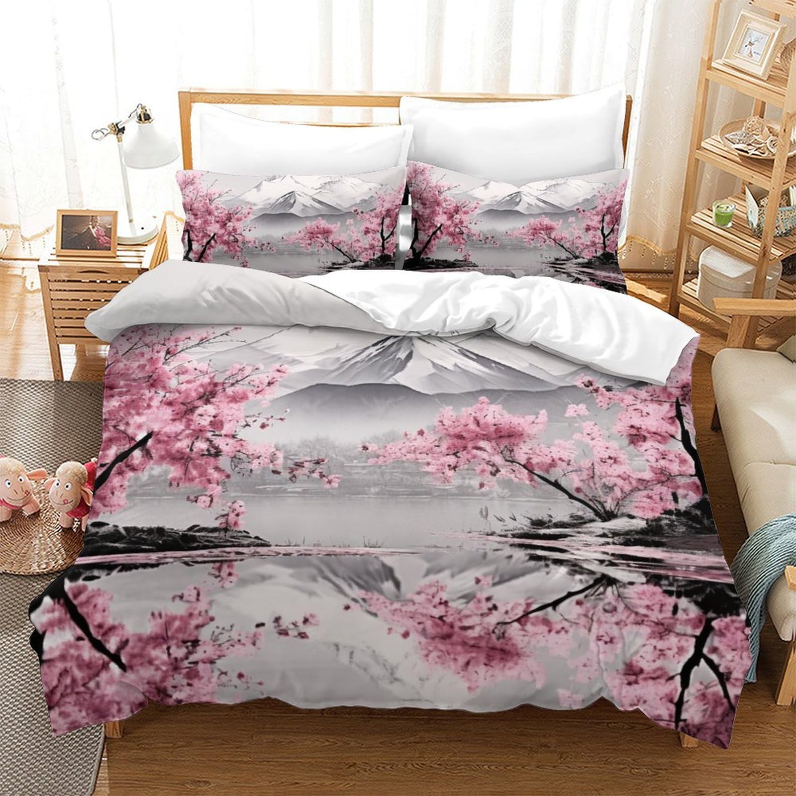 Nnawfjxg Style-4 Japanese Cherry 3D Printed Duvet Cover Set 3 Pieces Bedspread Soft Easy Care With Zipper Closure，Pillowcases For Teens And Adults Double（200X200cm）
