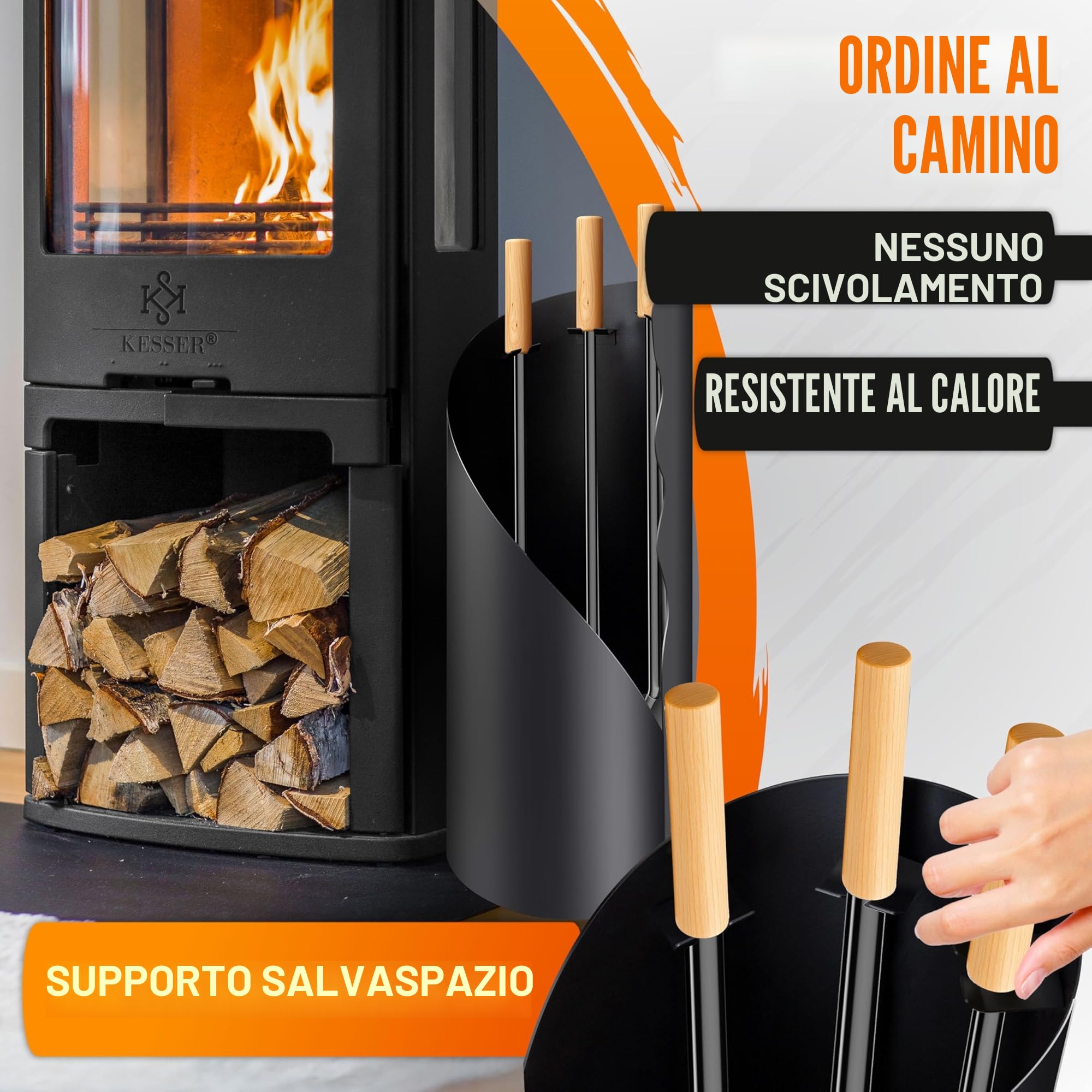 KESSER® Accessori per camino Kit camino da 4 pezzi - design moderno, rivestito, Set per caminetto di alta qualità composto da 4 pezzi: scopino, paletta, attizzatoio, supporto acciaio, manici,Antracita