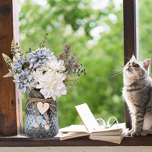 Miniatura 6 de LUEUR Flores falsas con jarrón, rosas de seda azules en jarrón, arreglo de flores de seda con jarrón adecuado para decoración del hogar, oficina,