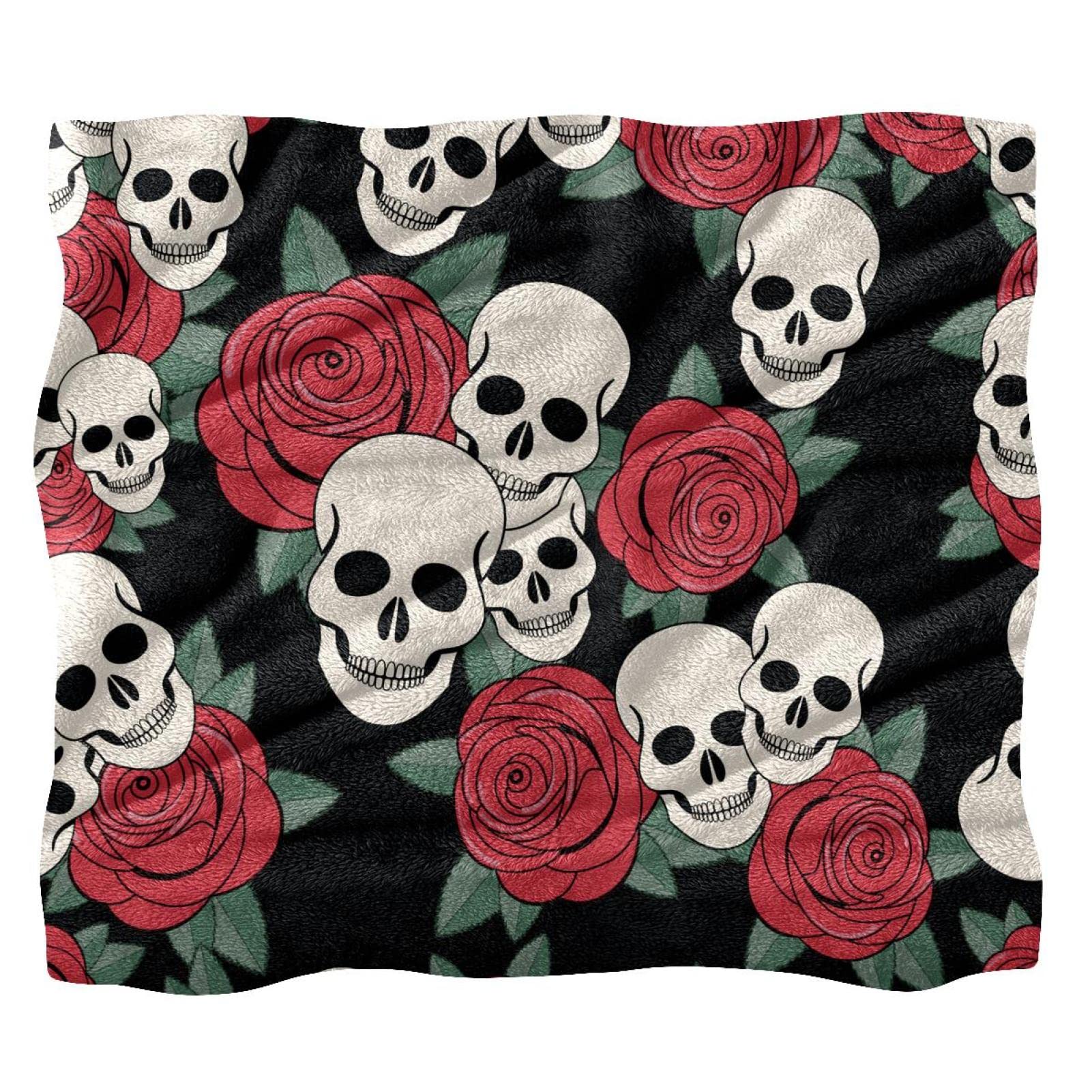 Couverture polaire tête de mort et roses douce pour lit et canapé