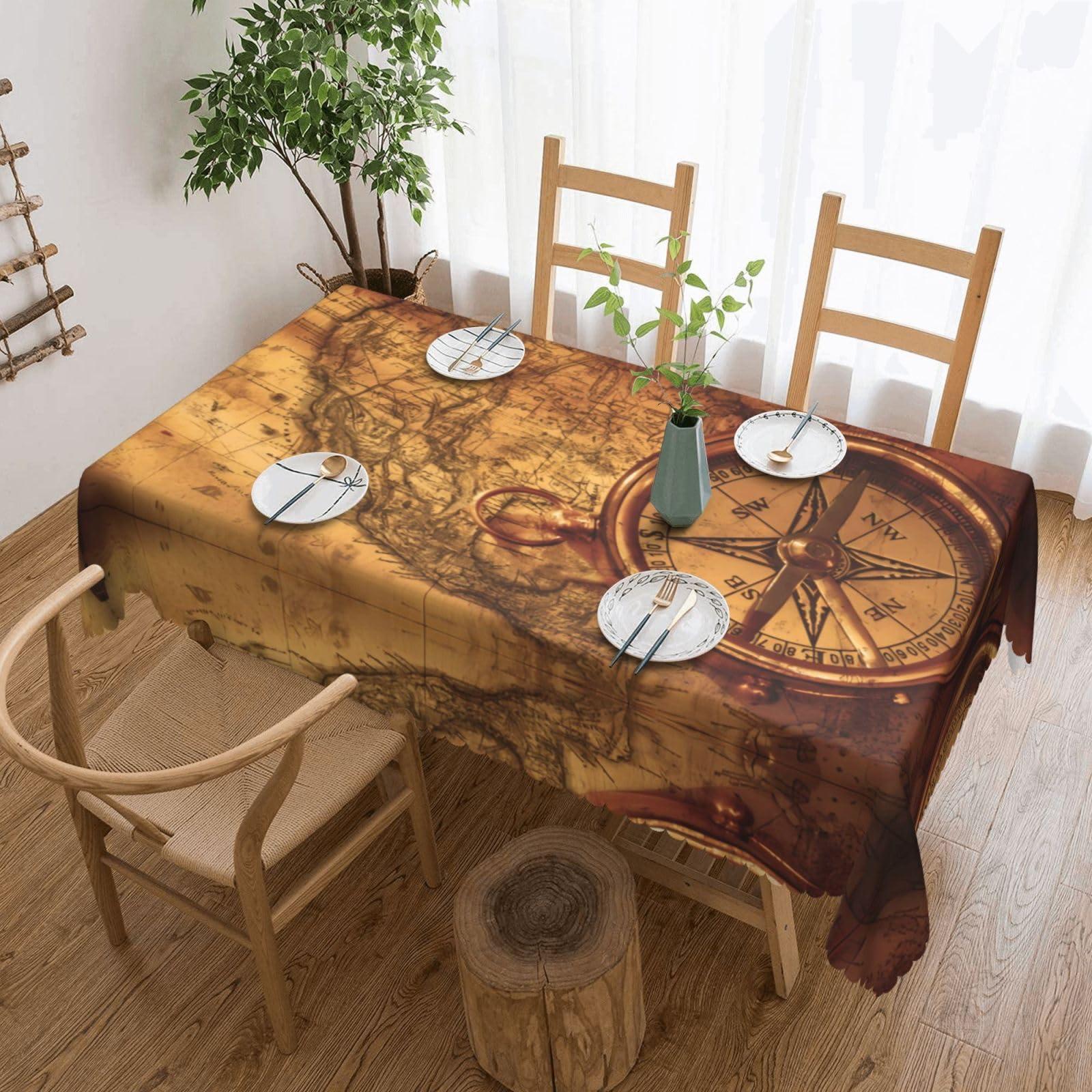 QAZWZML Law of the Compass Navigation Printed tablecloth, made of thick polyester with lace trim, suitable for dining rooms, picnics, and weddings