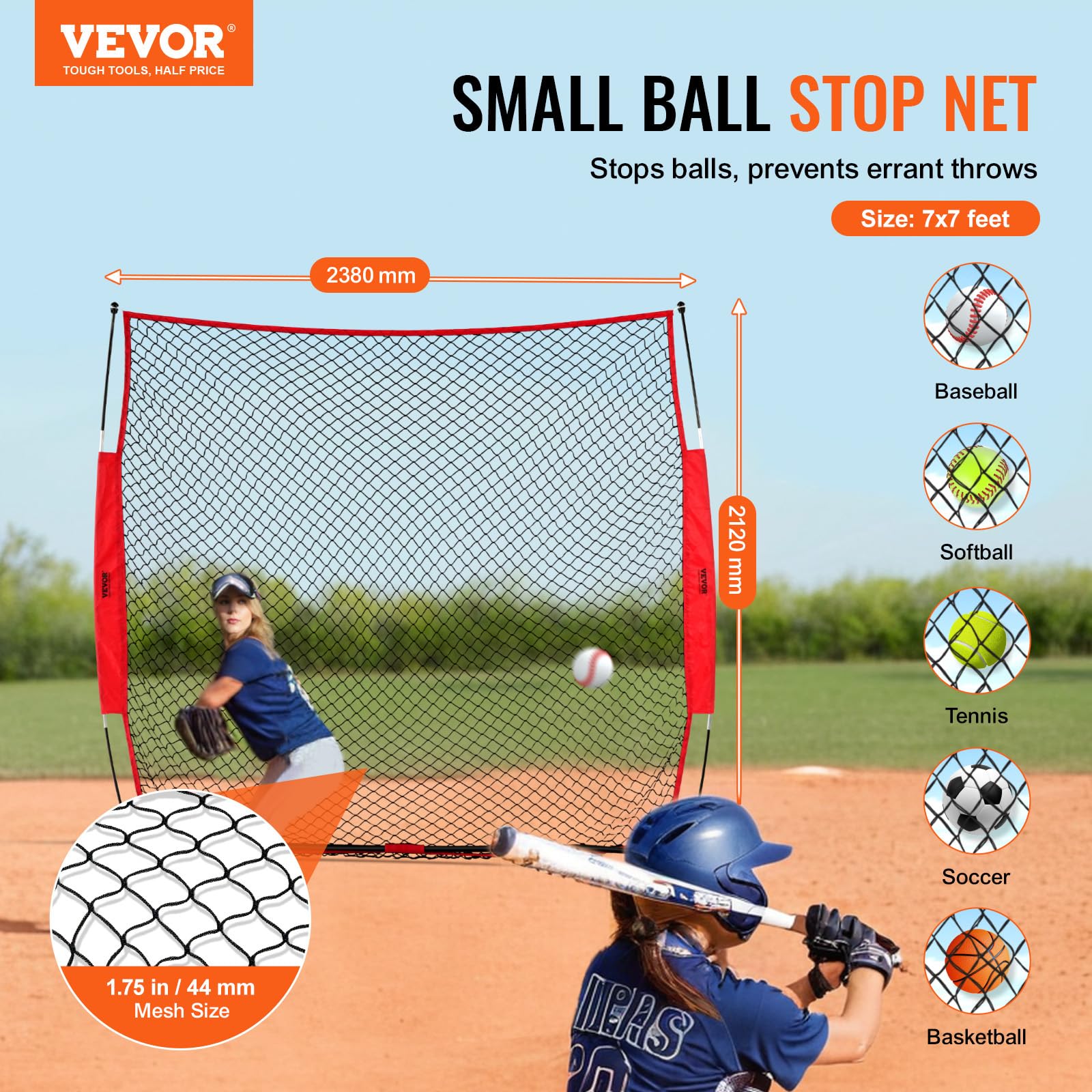 VEVOR Filet d'Entraînement de Baseball Softball 238x212 cm, Filet de Protection Pare-Ballons Portable avec Sac de Transport, Équipement d'Entraînement pour Receveur Crosse, Football, Hockey, Jardin
