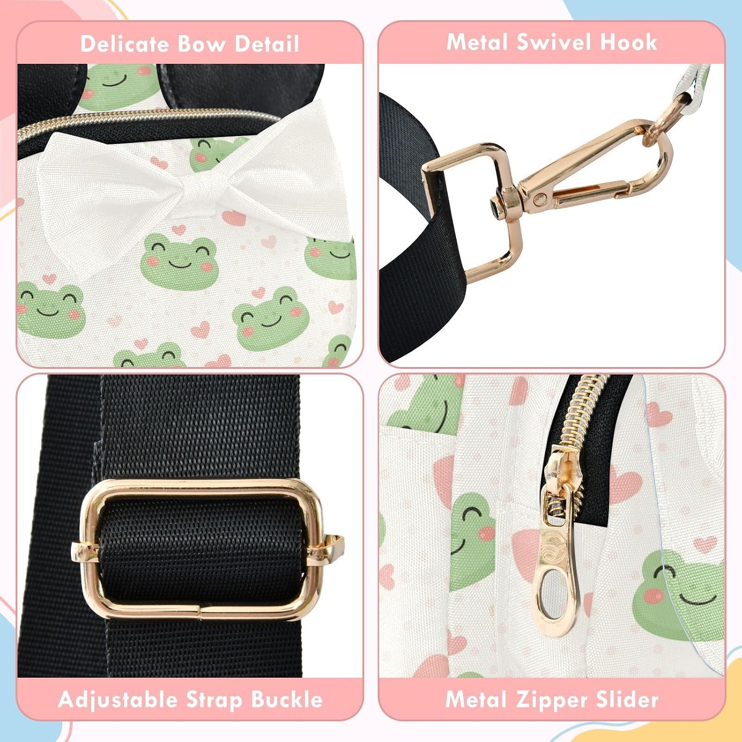 Sinestour Frogs Hearts Kids Crossbody Bags for Girls, 7.5x5.7x3.1Inches | Crossbody Fanny Pack, Toddler Purse, Cute Sling Belt Bag with Ears, 2L Small Shoulder Chest Bag for Travel