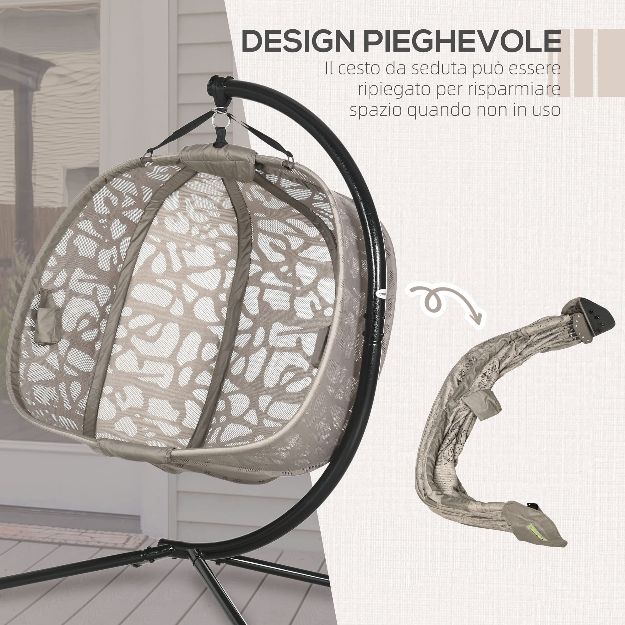 Poltrona Sospesa Dondolo da Giardino con Struttura in Acciaio e Cuscino 2 Posti con 2 Tasche e Cesto Pieghevole 130x103x172 cm