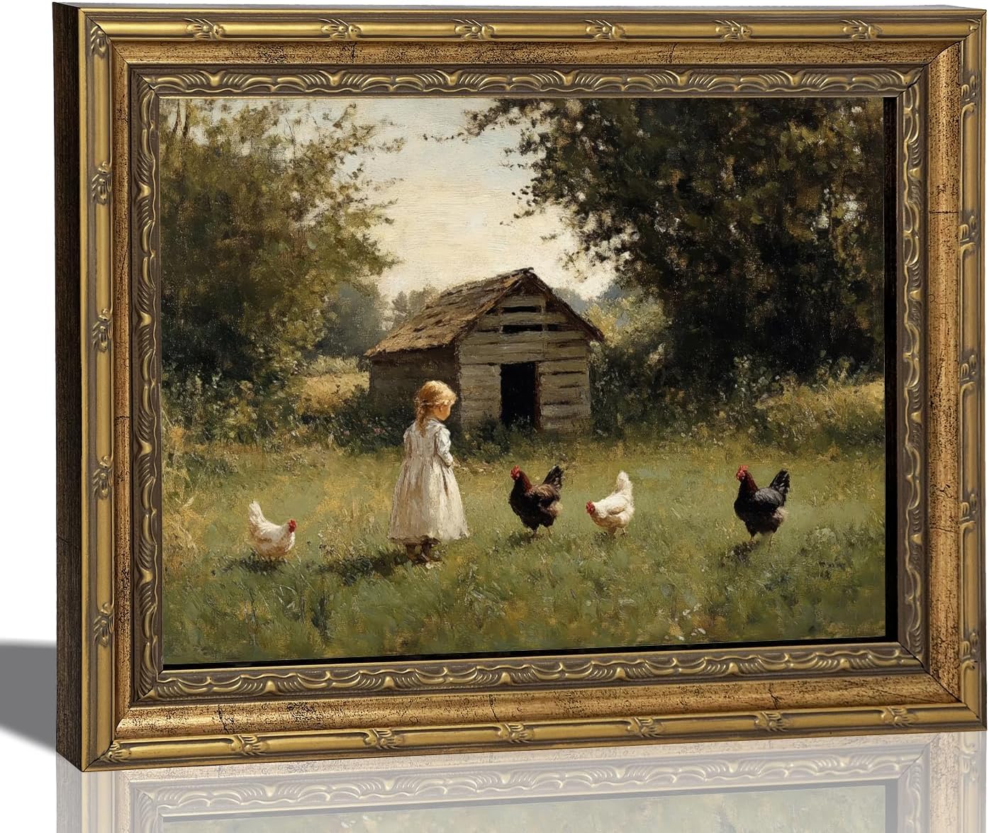 Gold Framed Canvas Wall Art, Rustic Vintage Farmhouse Girl Painting Picture Wall Decor, Country Farm Animals Poster Print Artwork for Bedroom, Living Room, Home Decoration 12x16inch