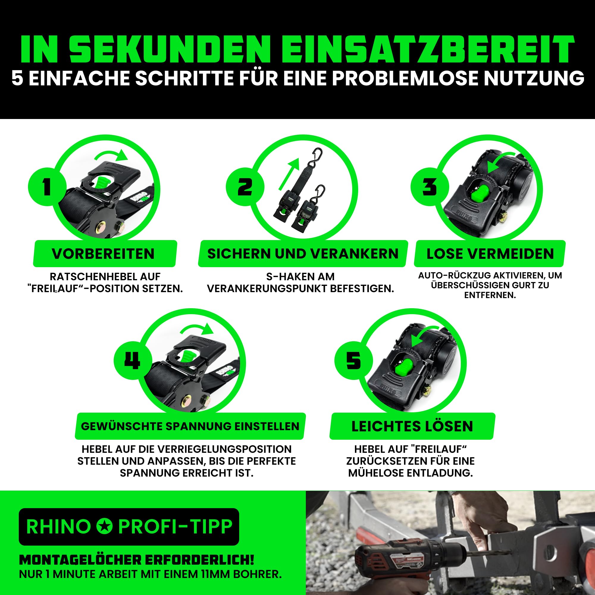 Rhino USA Einziehbare Bootsanhänger-Gurte (2er-Set) 5cm x 1,1m 1.300kg | 1.300kg Boots-Spanngurte für Anhänger. Robuster Edelstahl, Einziehbar & Salzwasserbeständig für Salzwasser-Einsatz.