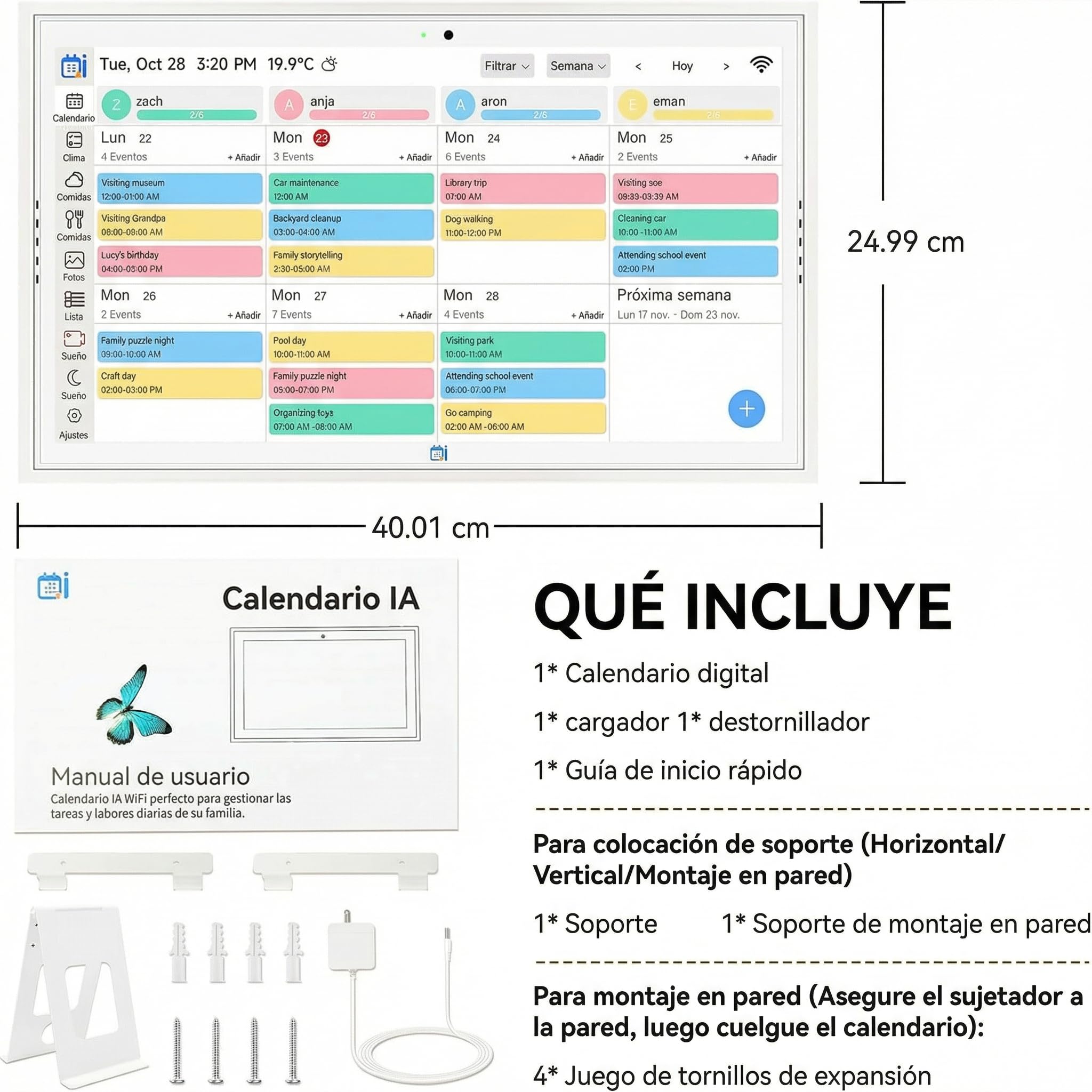 Calendario Digital, Calendario Electrónico de Pared 15,6" 32GB, Planificador Familiar Inteligente, Recompensas por los Logros y Planificador de Comidas, Pantalla Táctil 1920 * 1080