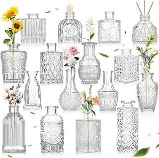 TAVADA Small Vases Set, 16 Small Glass Vases, Table Vases, Vintage Decorative Vases, Mini Vases Set, Various Sizes Flower Vase for Table Decoration, Centrepieces, Wedding Decorations, Flowers