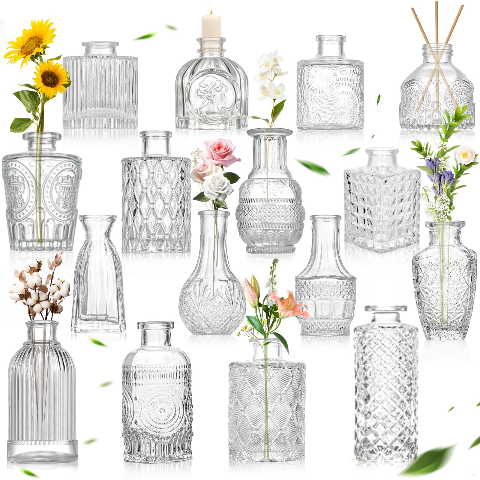 TAVADA Jarrones Pequeños de Cristal, 16 Juego de Floreros Vintage, Centros De Mesa Decorativos para Hogar, Salón y Boda