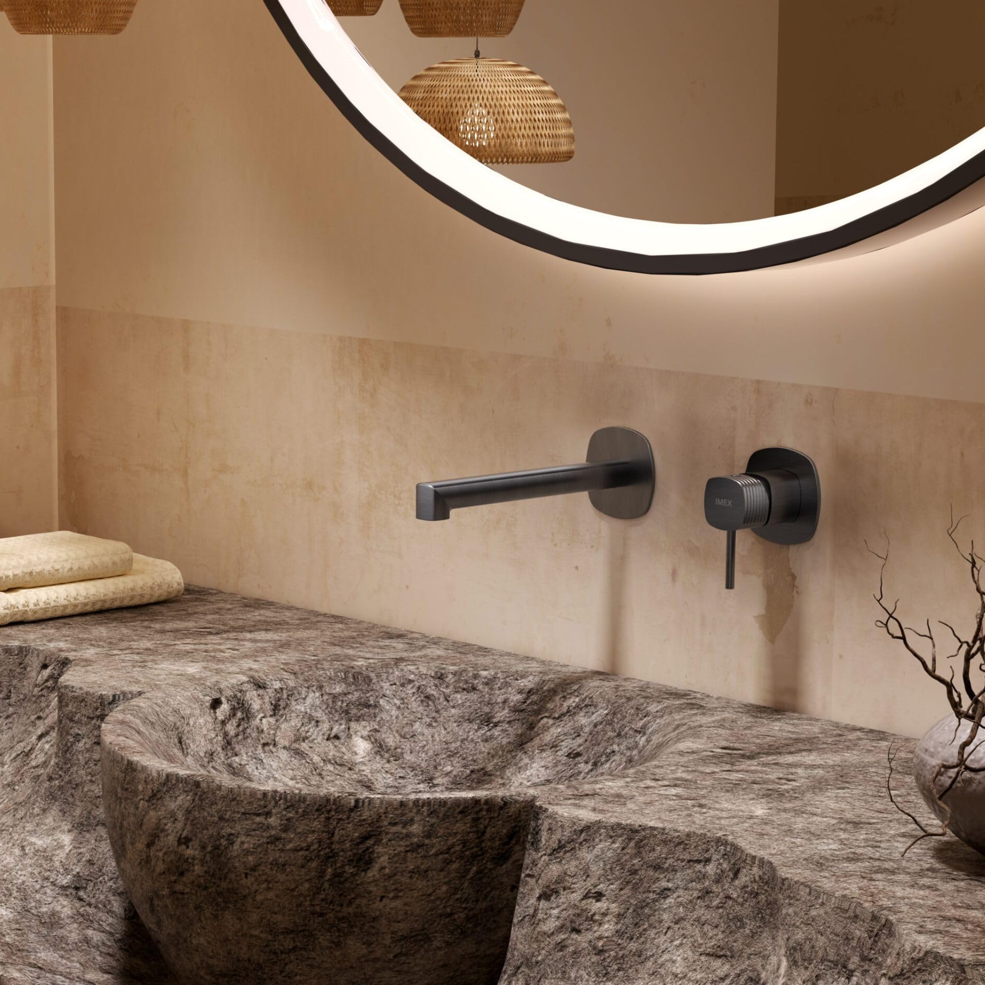 IMEX - Grifo Lavabo Empotrado Oro Cepillado | Grifo de Lavabo Monomando Pared Dorado | Mezclador Agua Fría y Caliente | Grifería en Latón con Cartucho Cerámico Ø35mm | Serie Firenze