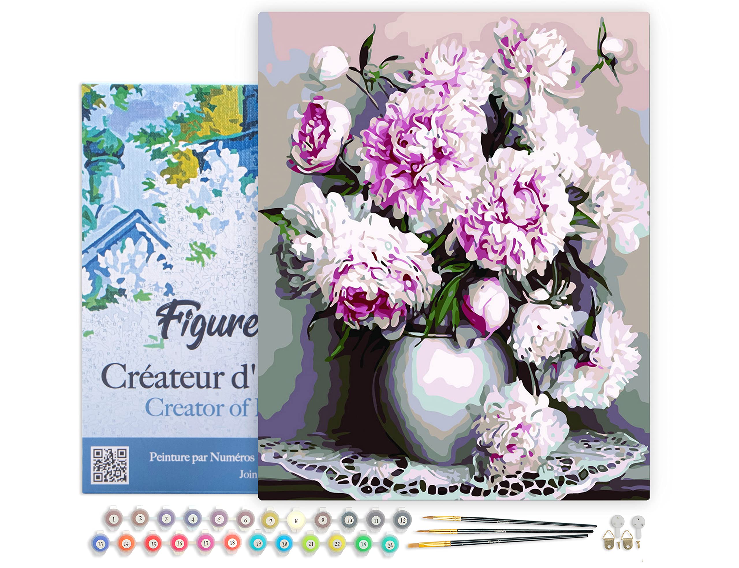 Figured'Art Pintar por Numeros Adultos con marco Peonia Rosa Y Blanca - Manualidades pintura acrilica Kit Cuadro DIY completo - 40x50cm con bastidor montado