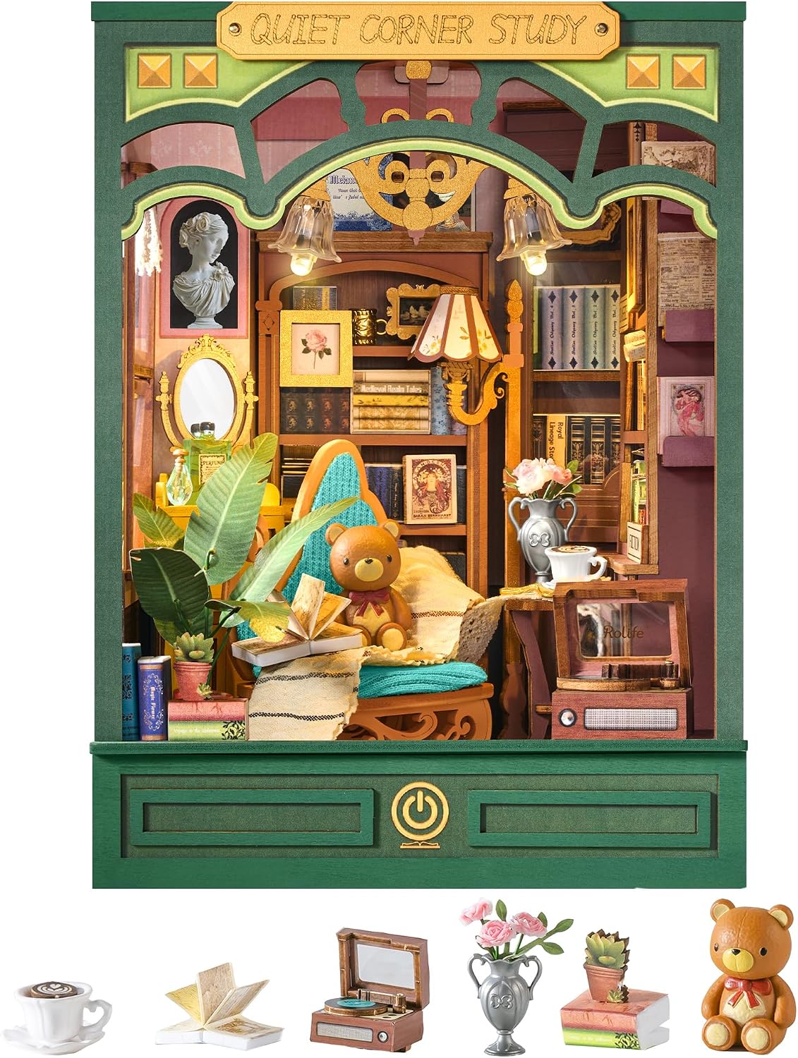 ROBOTIME DIY Miniature House Kit-Quiet Corner Study, Book Nook Kit for Adults, Vintage Bookstore Library with LED Bookshelf Insert Decor, Creative Birthday Graduation Gifts Puzzles for Family Friends