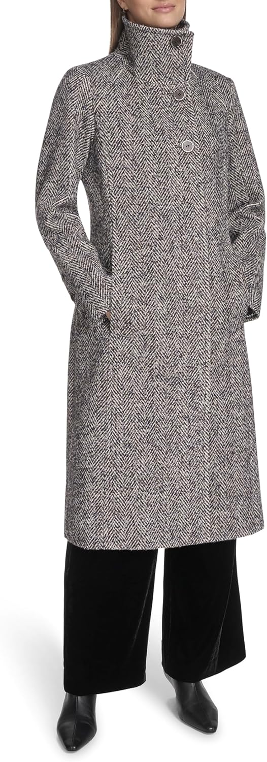 Kenneth Cole Women's Classic Novelty Wool Walker With Three Button Stand Collar and Back Belt Detail