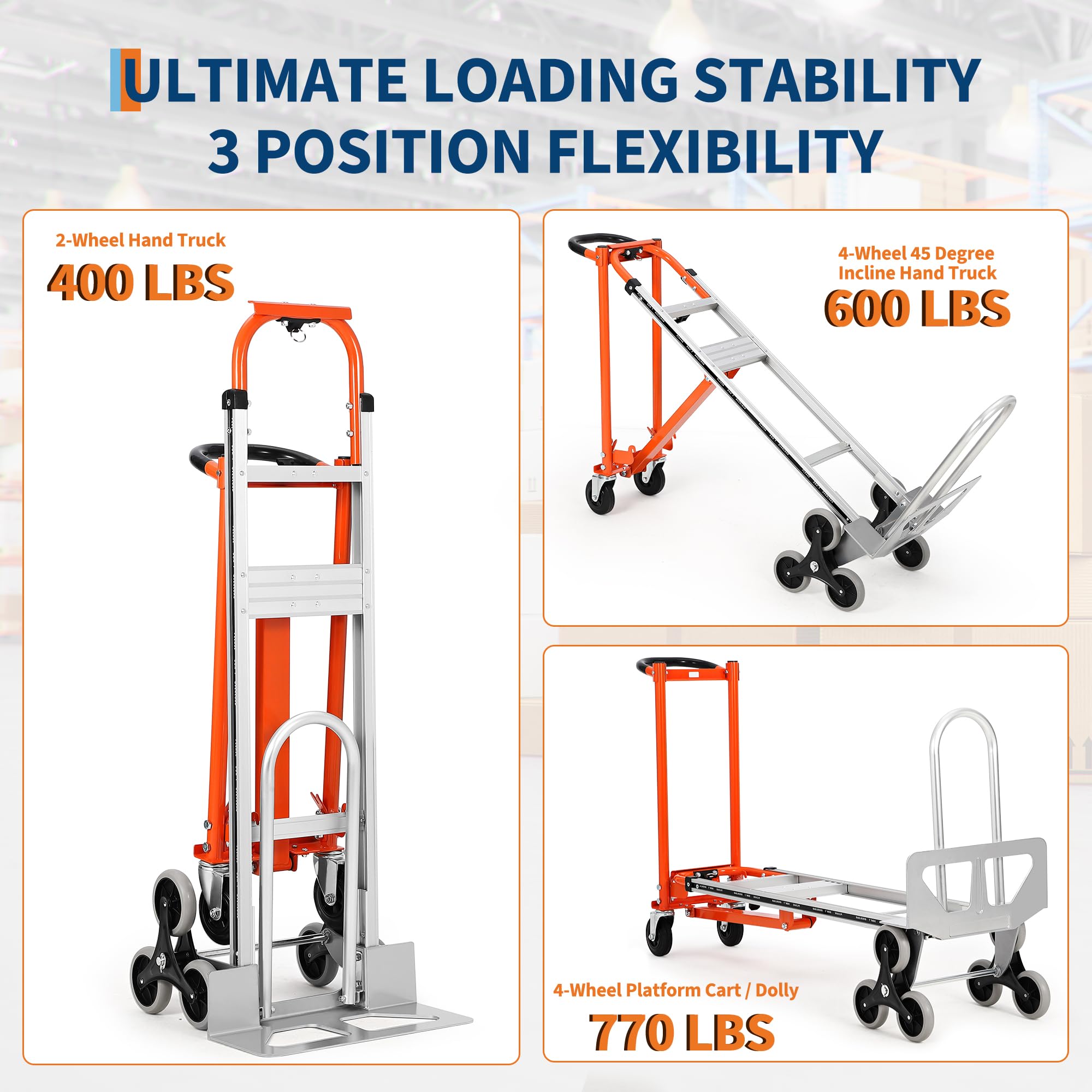 Carretilla Plegable 3 en 1, Carretilla con Ruedas para Subir Escaleras Resistentes a Pinchazos, Capacidad de Carga de 340 Kg, Material de Aleación de Aluminio, Correas Elásticas