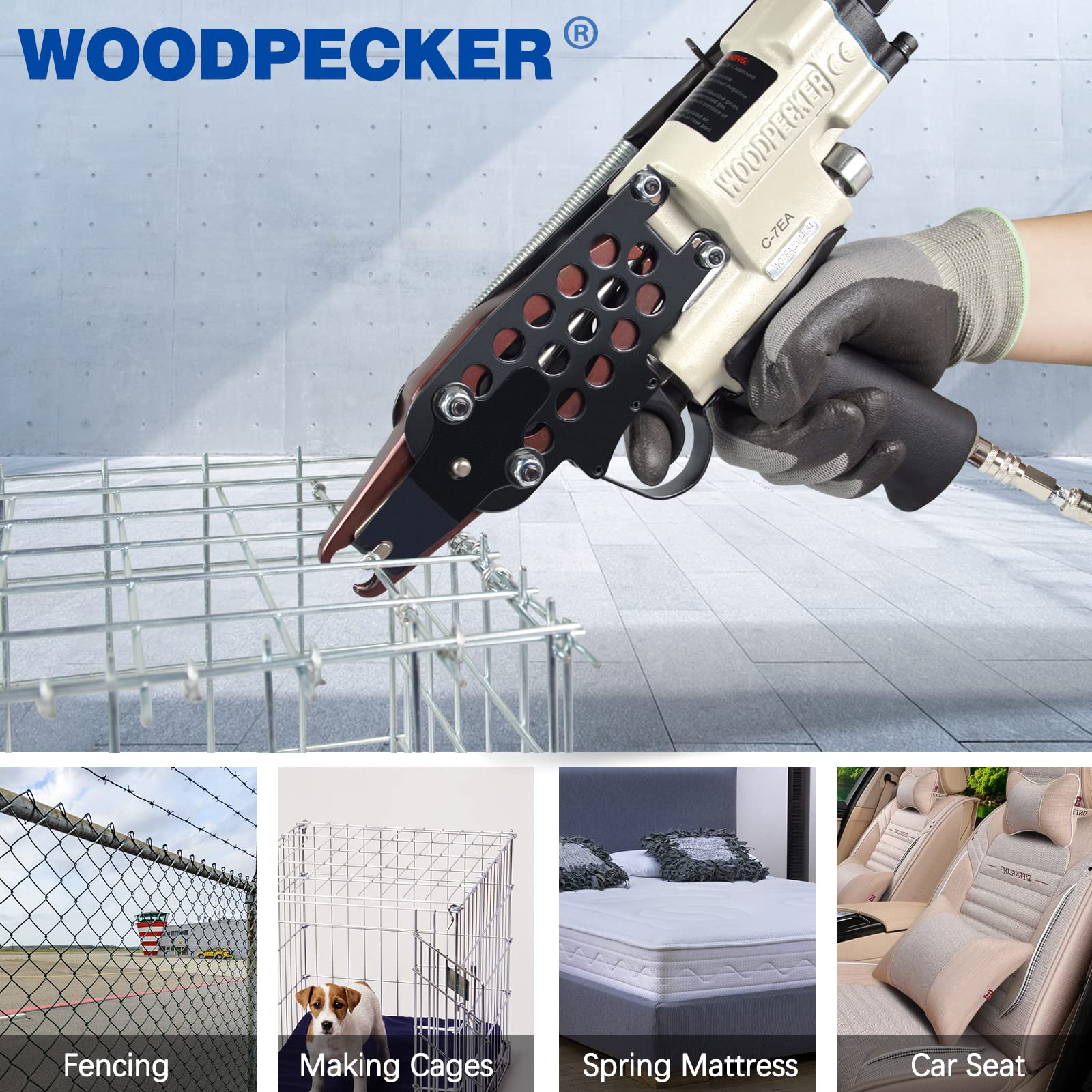 WOODPECKER C-7EA 15GA pinza a C pneumatica naso lungo per gabioni | Corona 19mm, chiusura 7mm, naso allungato per punti stretti, qualità industriale 15GA, per gabbie, recinzioni e sedili