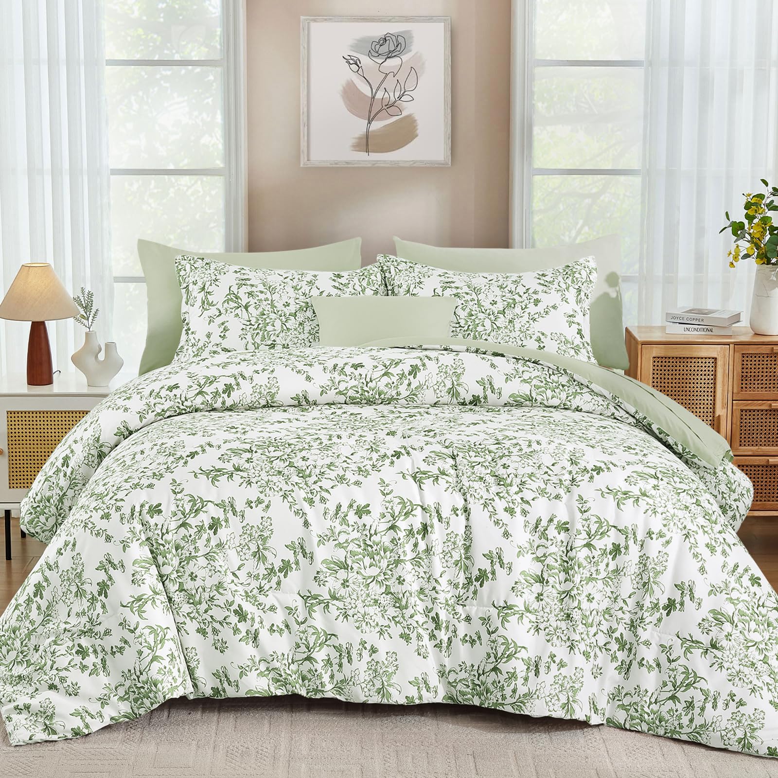 Photo 1 of WONGS BEDDING 8 Pieces King Size Comforter Set Green,Sage Green Floral Bed in a Bag Comforter Sets, Soft Reversible Botanical Flowers Bedding Sets for All Season (90"x104")
