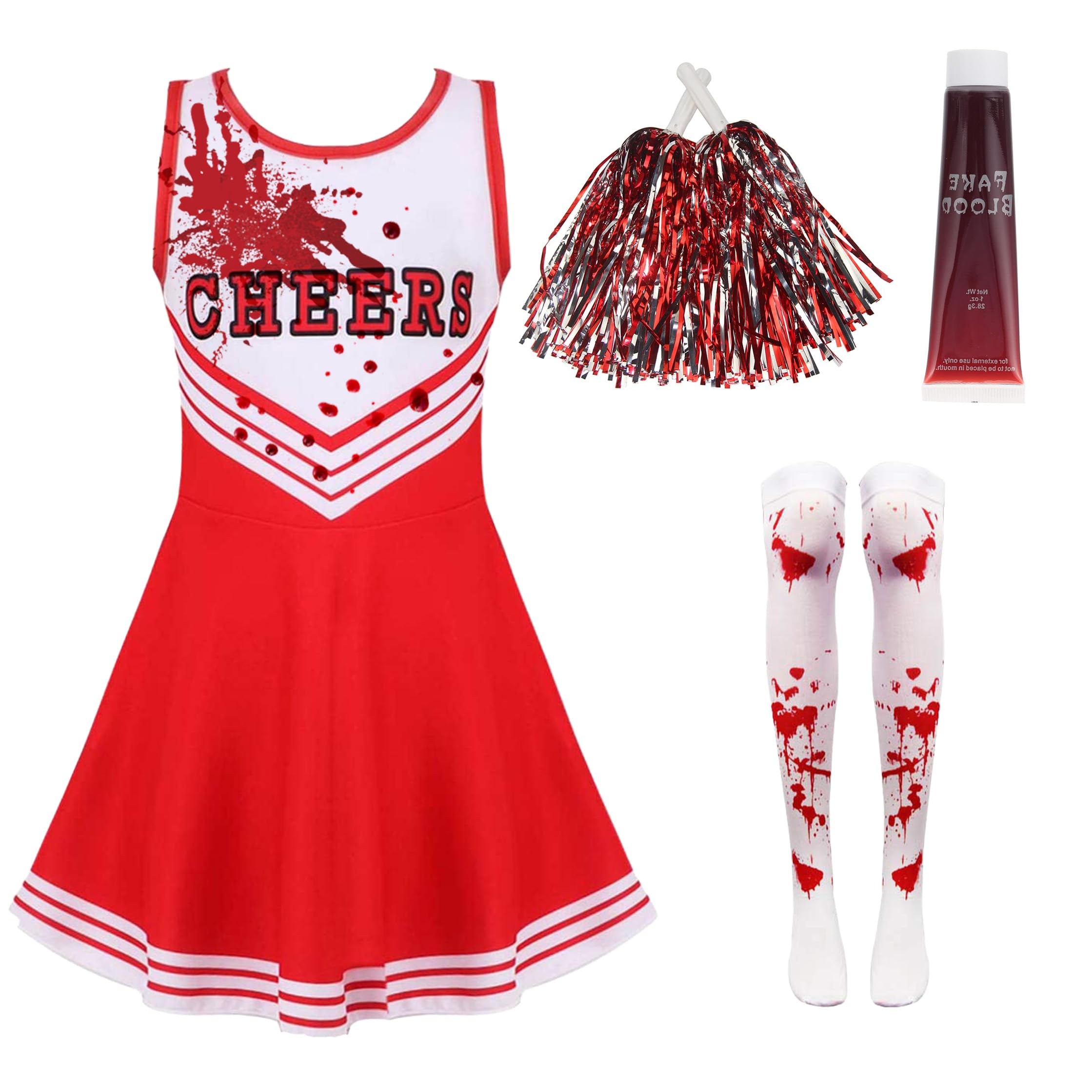 Dead Cheerleader Halloween Costume Kids, Zombie Cheerleader Costume for Girls with Fake Blood, Kids Halloween Fancy Dress Outfit for Halloween Parties