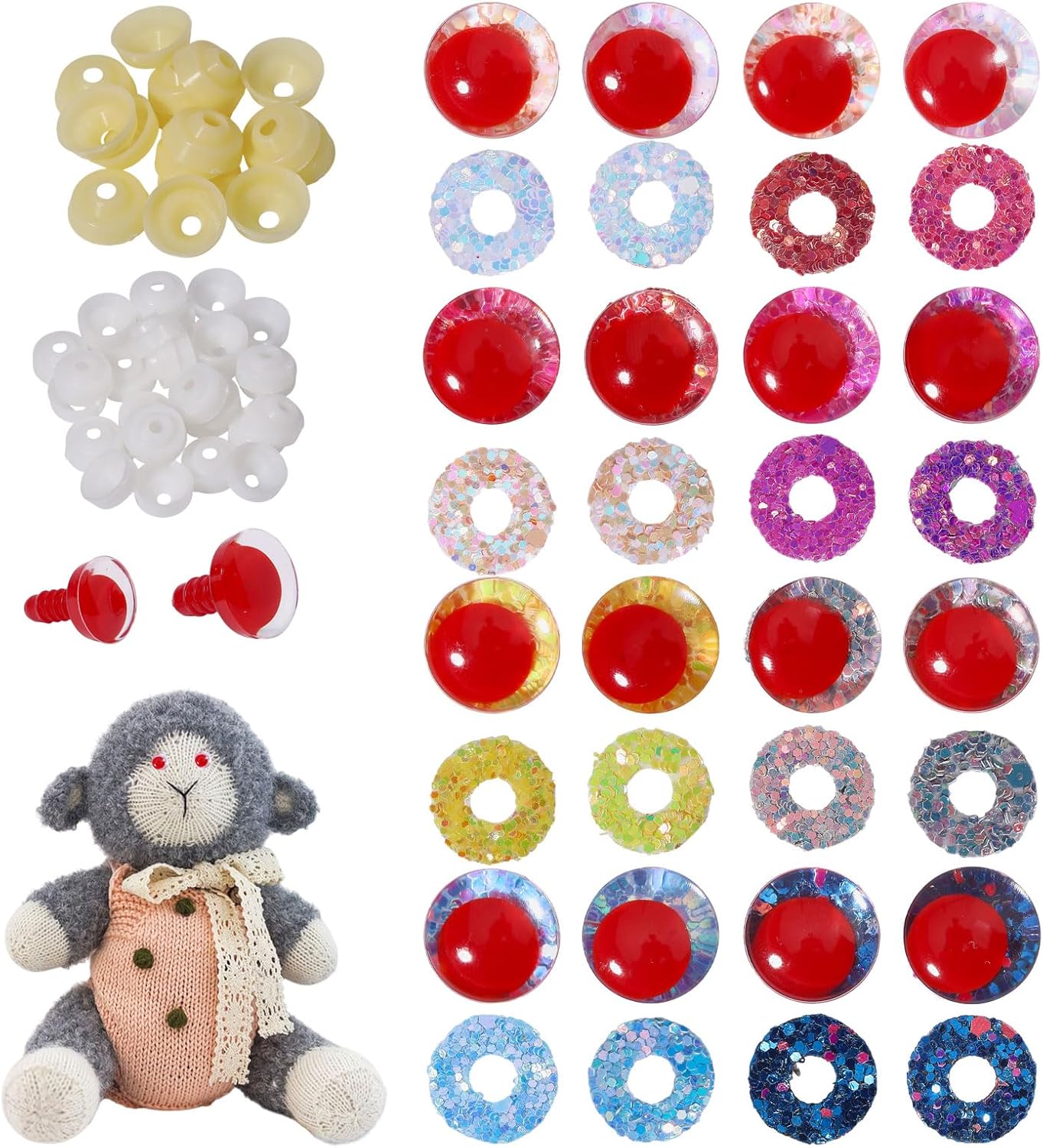 CONCHLERY 96 Pcs 3D Glitter Safety Eyes for Crocheting with Washers 14-18 mm Safety Eyes for Stuffed Animal Doll Crafts, Red