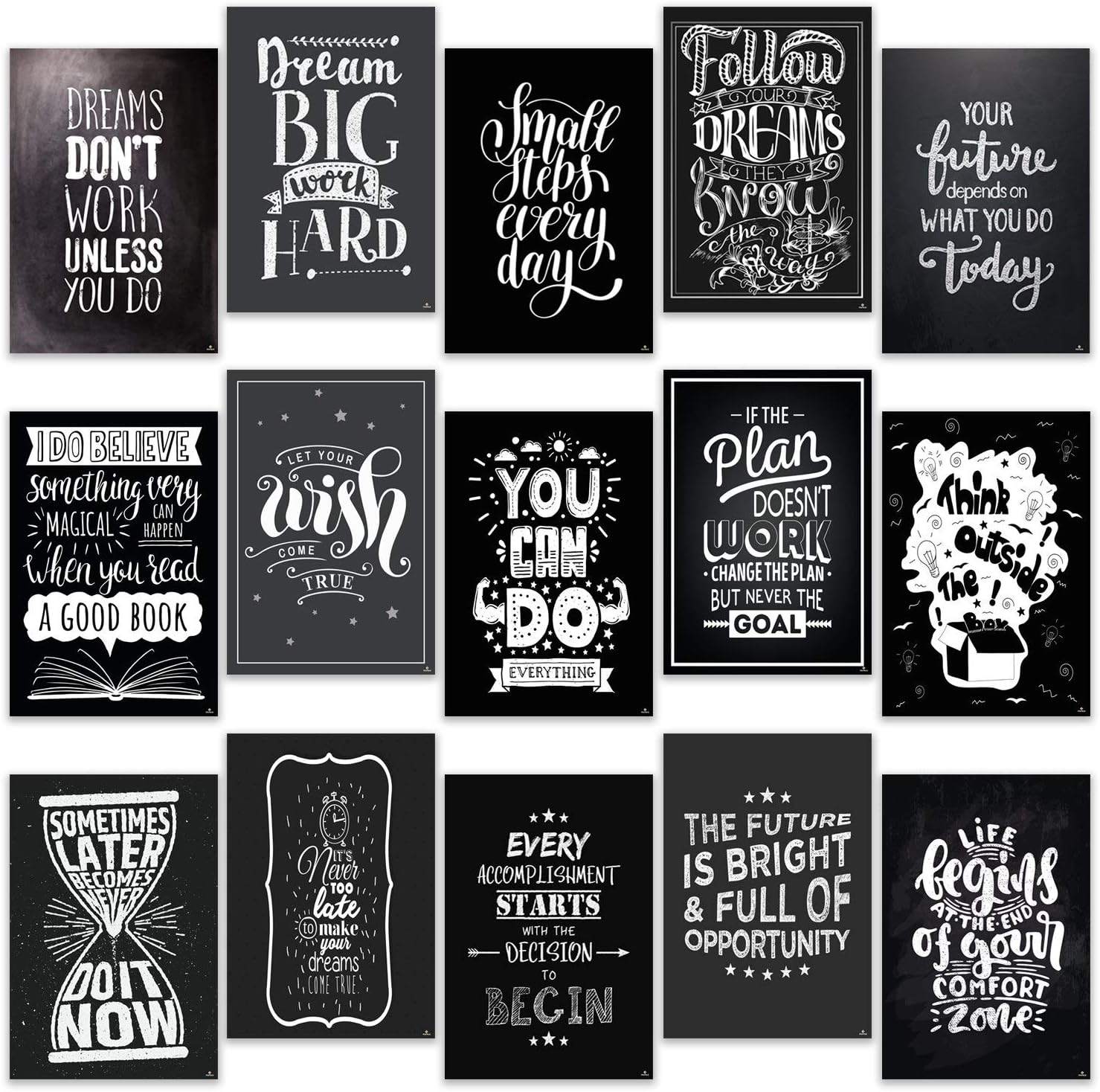 Motivational Posters for Office, Room, Home, Classroom Decorations Chalkboard 15 Set - Inspirational Quotes Wall Decor Black White Pictures 13" x 19" - Inspiring Students, Women, Men, Teachers Gifts