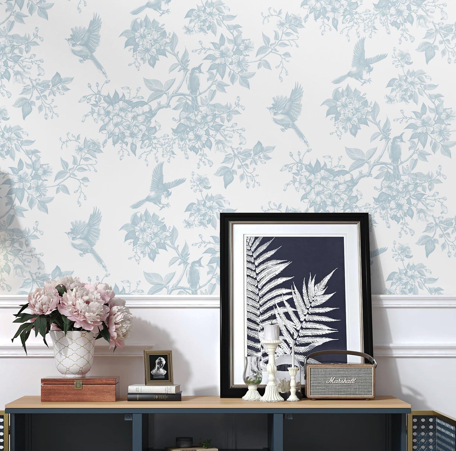 Dimoon Papel tapiz floral de 236 x 16.1 pulgadas, diseño floral, para despegar y pegar, papel de contacto con pájaros, hojas de flores blancas y