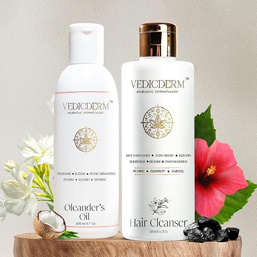 VEDICDERM Oleander's Oil and Bamboo Charcoal Shampoo Duo for Psoriasis, Eczema, Skin and Scalp Relief, 200g Each