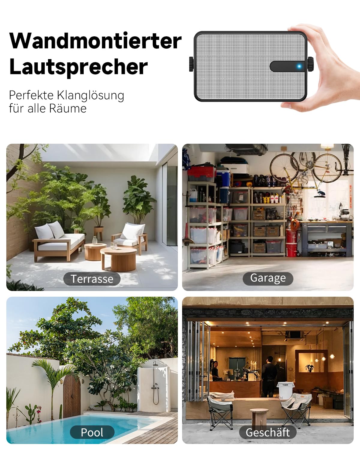 250W Outdoor Bluetooth-Lautsprecher, Drahtlose Synchronisation zwischen Lautsprechern, Wandmontage für Terrasse, Veranda, Pavillon, Garage, 2er-Pack(MZ-632)