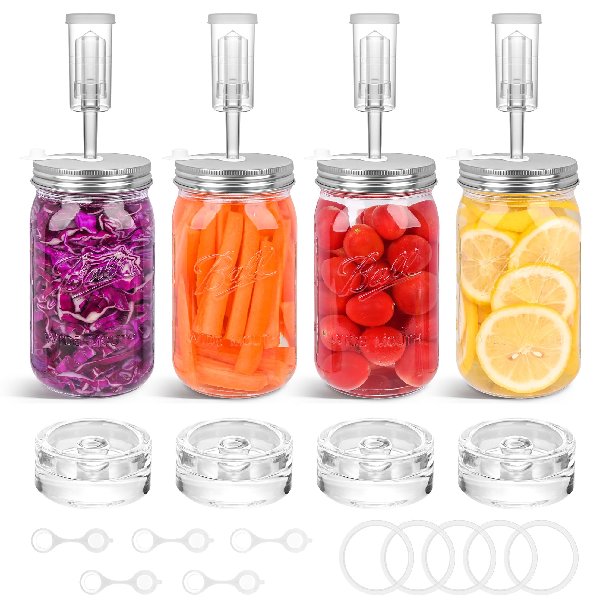 Xileanalee Fermentation Kit Set for Wide Mouth Mason Jar,Sauerkraut/Pickling Kit with 4 Glass Fermentation Weights,4 Fermenting Lids,4 Airlocks,5 Silicone Gaskets,5 Silicone Grommets(No Jars)