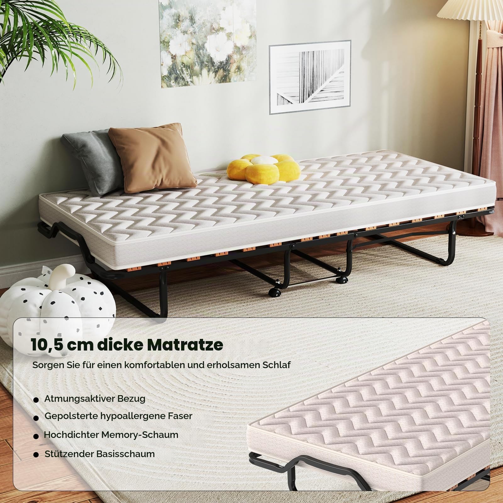 GIANTEX Klappbett 80x200 cm, Gästebett klappbar mit 4 Rollen, Reisebett Erwachsene, Klappbares Bett mit Matratze Memory-Foam, Einzelbett mit Lattenrosten, Faltbett Metallbett bis 120 kg belastbar