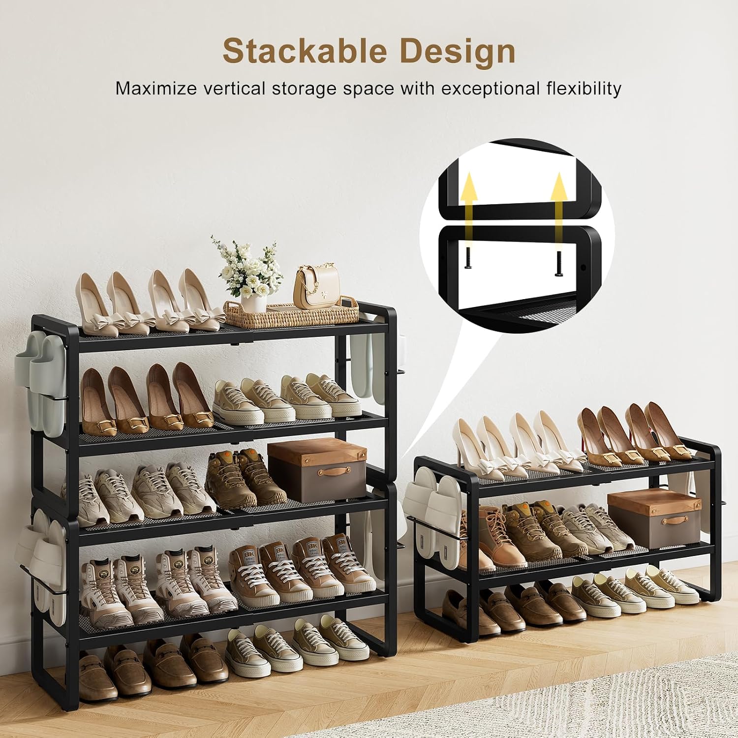 4 Tier Expandable Shoe Rack for Closet, Adjustable Heavy Duty Metal Shoe Organizer Shelf for Entryway, Stackable Shoe Stand Holder for Garage, Bedroom, Door Entrance, Black