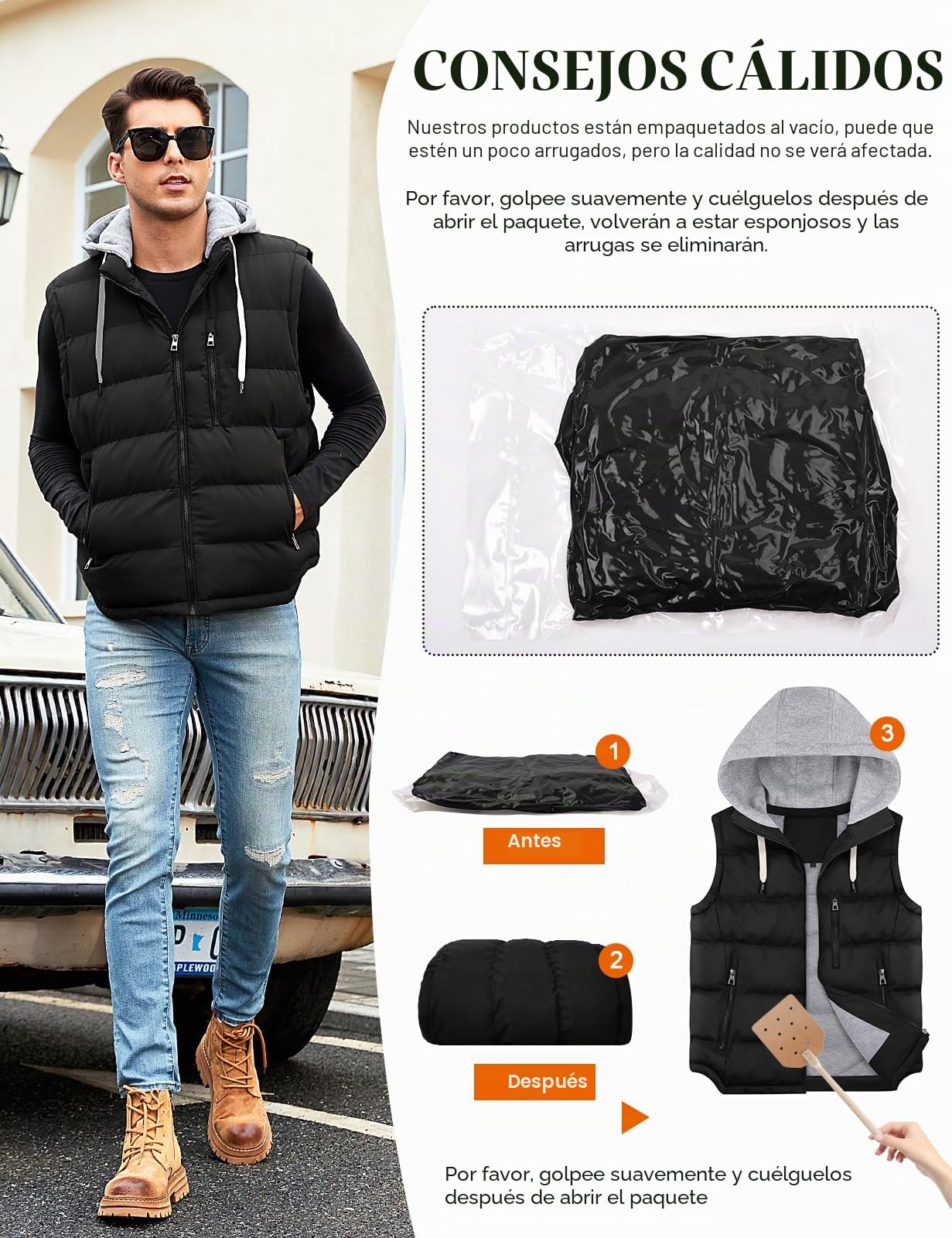 Vancavoo Chaleco Hombre Invierno Acolchado con Capucha Desmontable