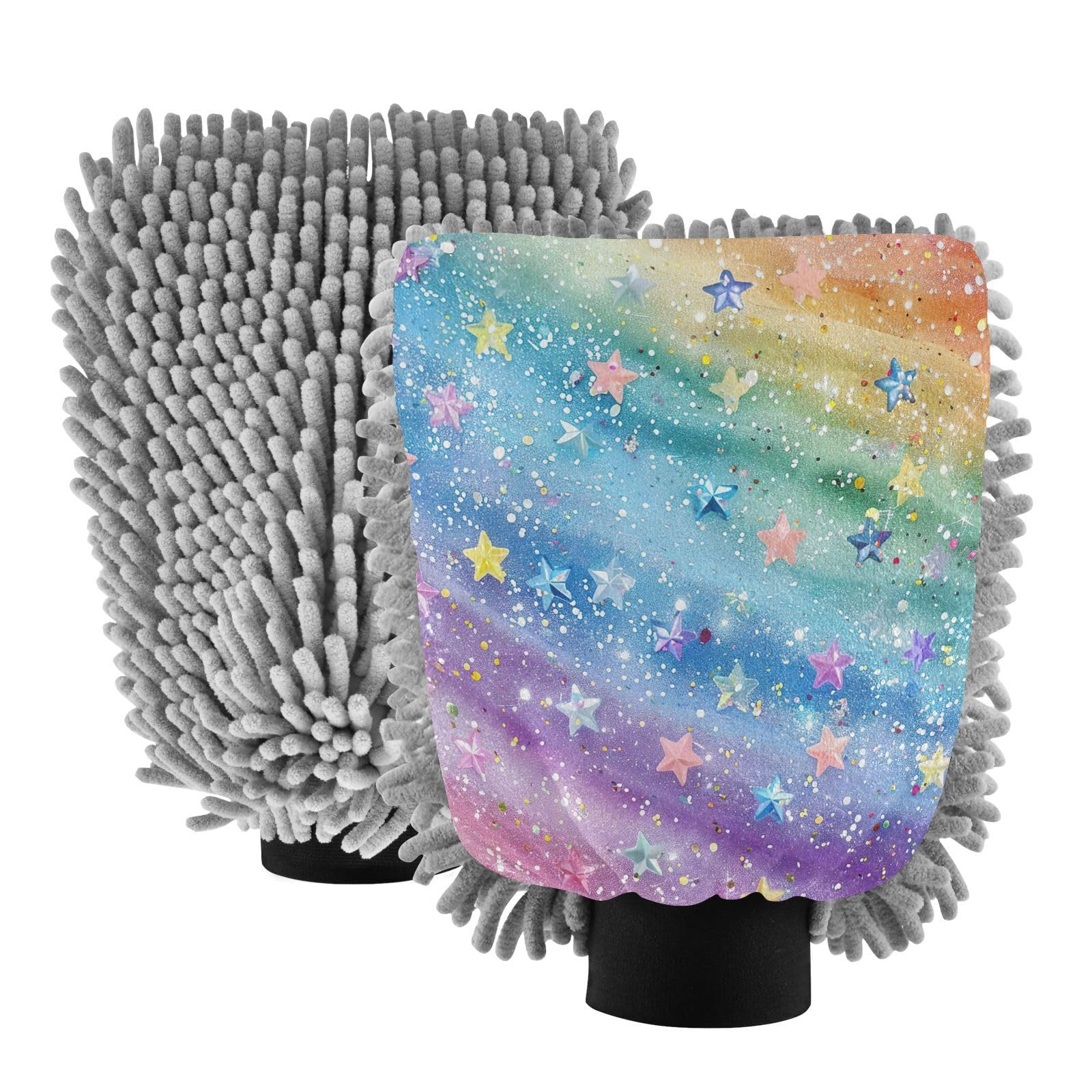 GakkiGii Rainbow Stars 2 Pack Microfiber Car Wash Mitts, Dual-Sided Chenille Gloves, Scratch-Free for Auto Detailing & Home Cleaning, L